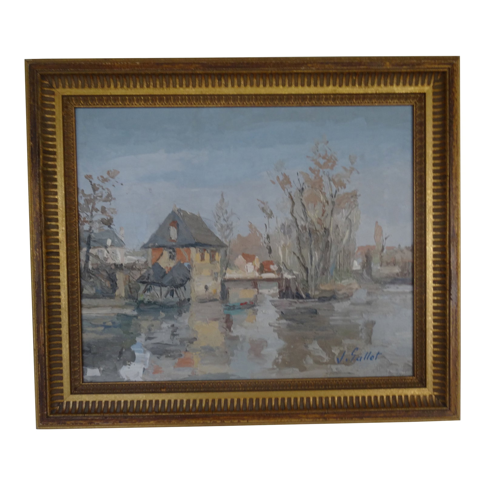 Mid 20th Century French Oil Painting Signed J. Gallet: A French Oil on board in a great custom giltwood frame. Signed J. Gallet in lower right From France in the mid 20th century. Art Size: 17.5" Wide by 14.5" Wide Condition: Alterations: Original