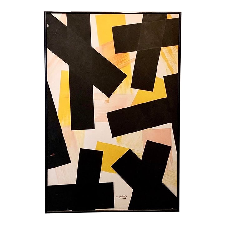 Angelo Testa Abstract Marigold and Black Hard-Edge Color Field Painting, 1962, Framed: A watercolor on board by Angelo Testa. Signed and dated (1962) Measures: 29Â½ H × 19Â½ W in. Angelo Testa was one of the foremost American textile designers of the mid-20th