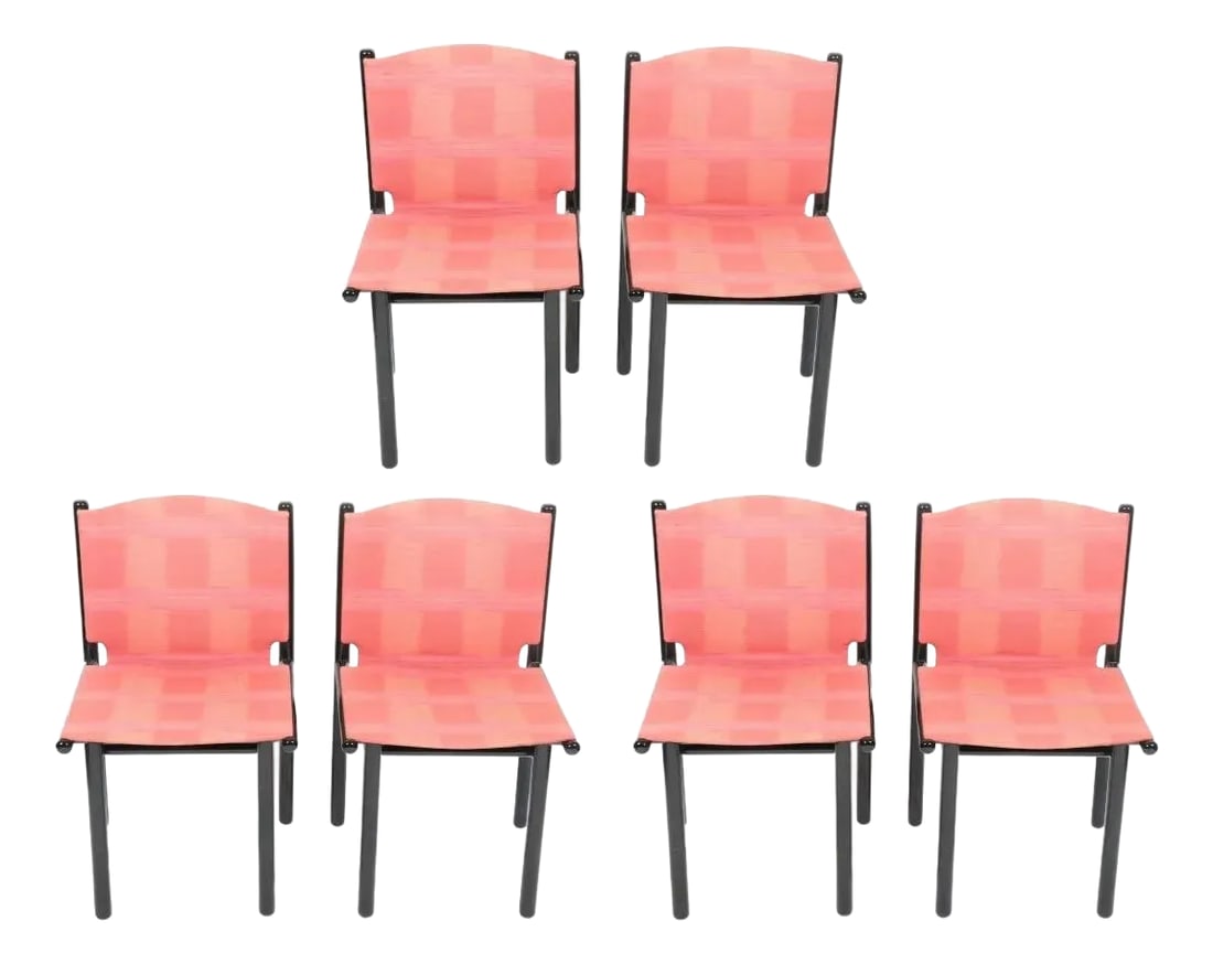 1980s Gianfranco Frattini for Cassina Dining Chair Set of 6, Black Lacquered Frame, Pink, 1985: Cassina Caprile dining chair by Gianfranco Frattini. Gorgeous original woven textile with shades of pink and peach. Lovely lacquered wood frame. Labeled. Gianfranco Frattini realized this design