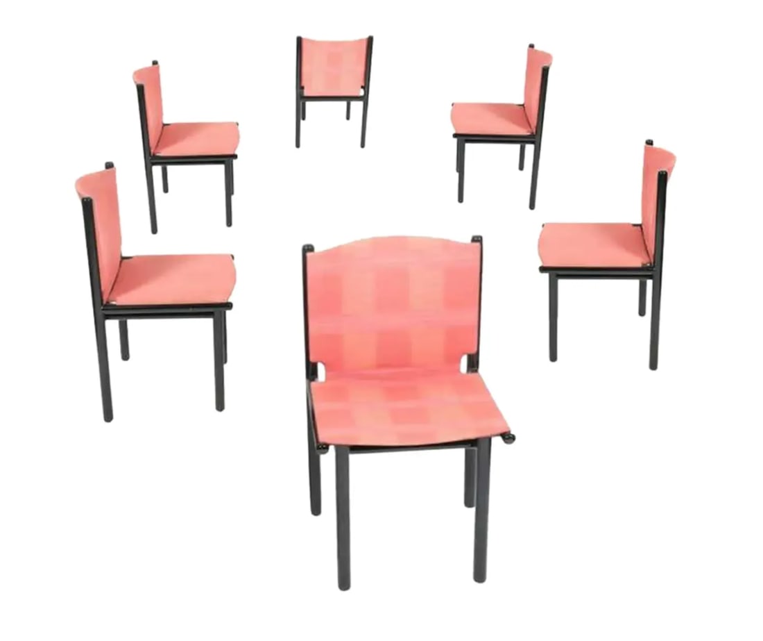1980s Gianfranco Frattini for Cassina Dining Chair Set of 6, Black Lacquered Frame, Pink, 1985 - 2
