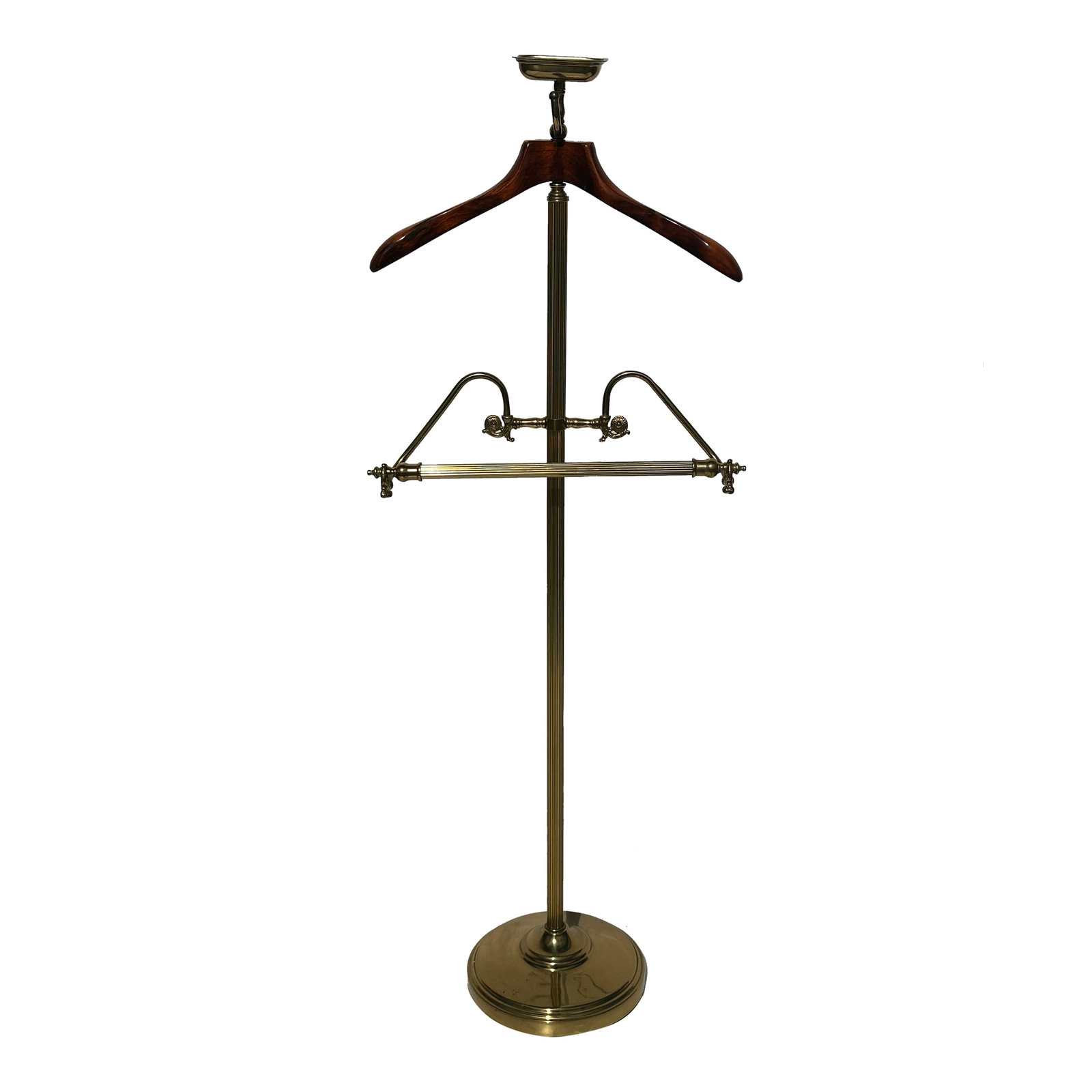 1980s Brass & Wood Gentleman's Valet: Brass and wood gentleman's vallet coat rack in the style of Maison Jansen Condition: Alterations: Original Condition Unaltered Imperfections: Some Imperfections Condition Notes: Used condition with