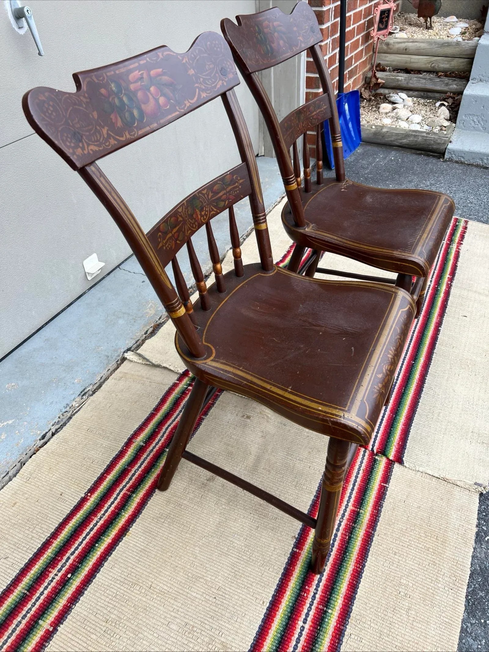 Pair of Antique Folk Art Paint Decorated Kitchen Windsor Chairs, 1850's - 11