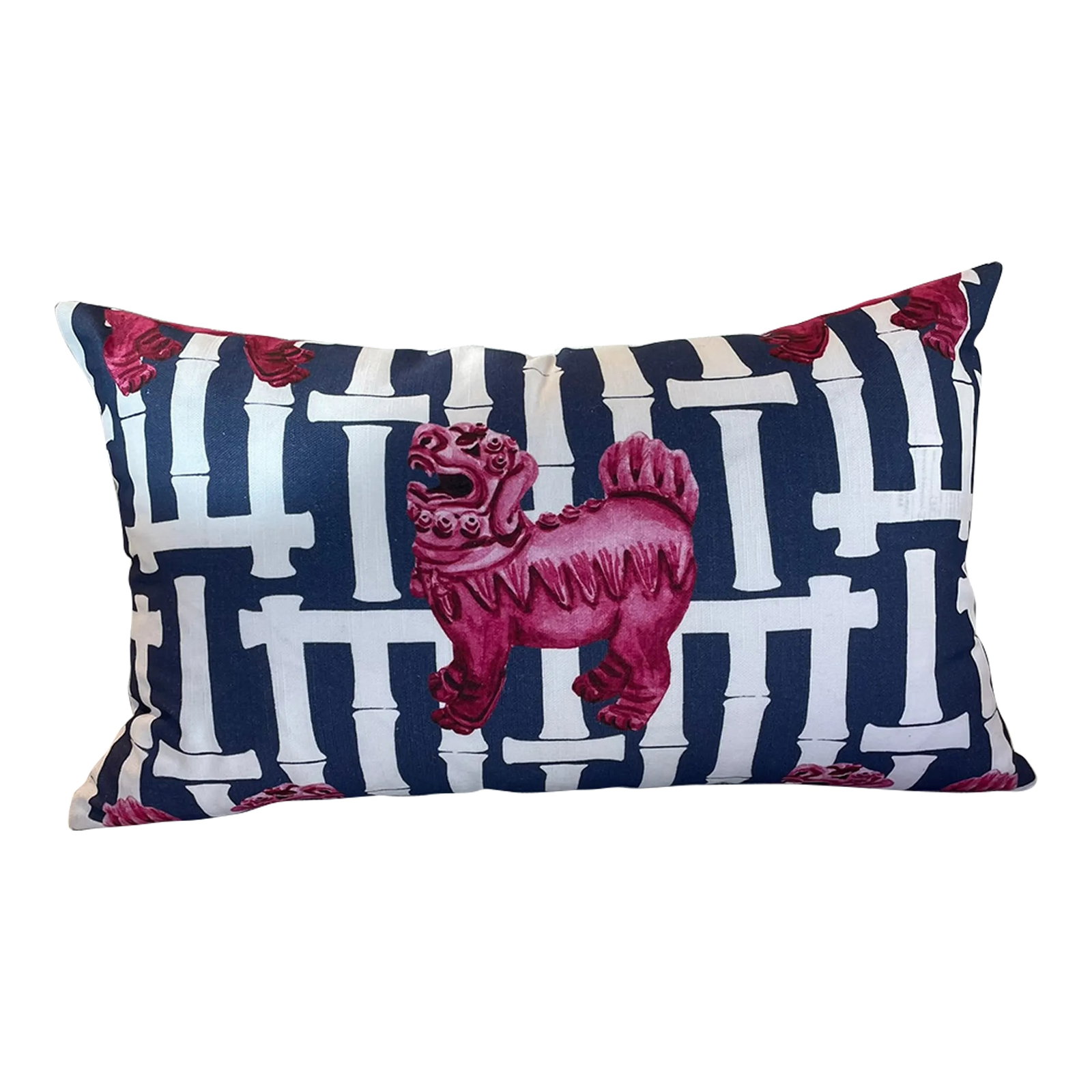 Asian Style Pink Dog Statue Pillow: Chinese inspired pink dog print pillow. Designer floor samples & new product from one of the hottest To The Trade & Retail Home Furnishings showrooms in the country. Located in Chicago's chic Roscoe V