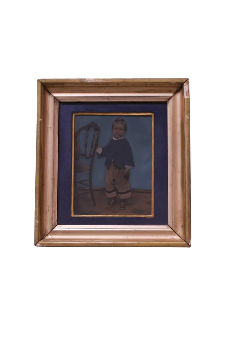 Vintage Tintype With Giltwood Frame: Circa 1930s tintype of a small boy holding onto a chair for support. Includes period-frame in giltwood with wear commensurate with age (general wear and a spot of edge loss, as shown). Condition: