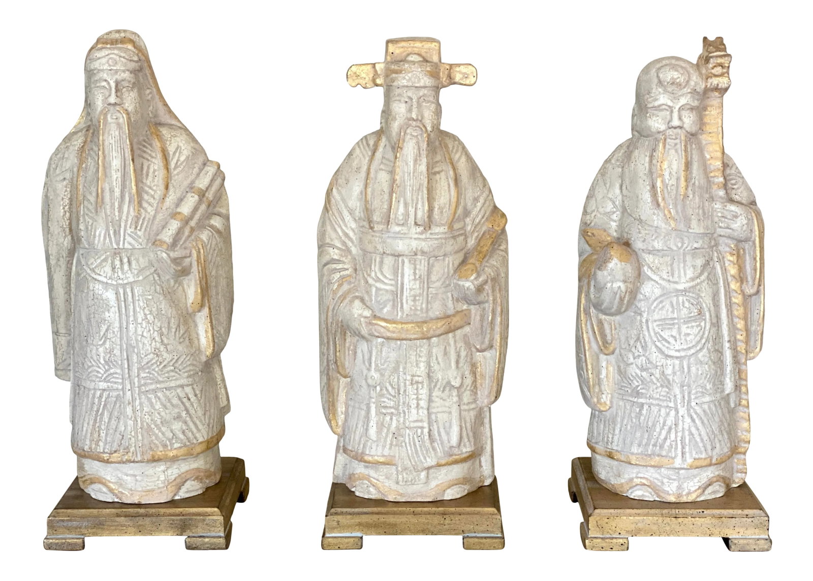 20th Century Chinese Fu Lu Shou Stellar Gods Statues Fulushou - Set of 3: Three large statues depicting Chinese scholars on giltwood bases. Very well made, very heavy and quite large as each one is over a foot and a half tall. Statues appear to be ceramic with a matte,