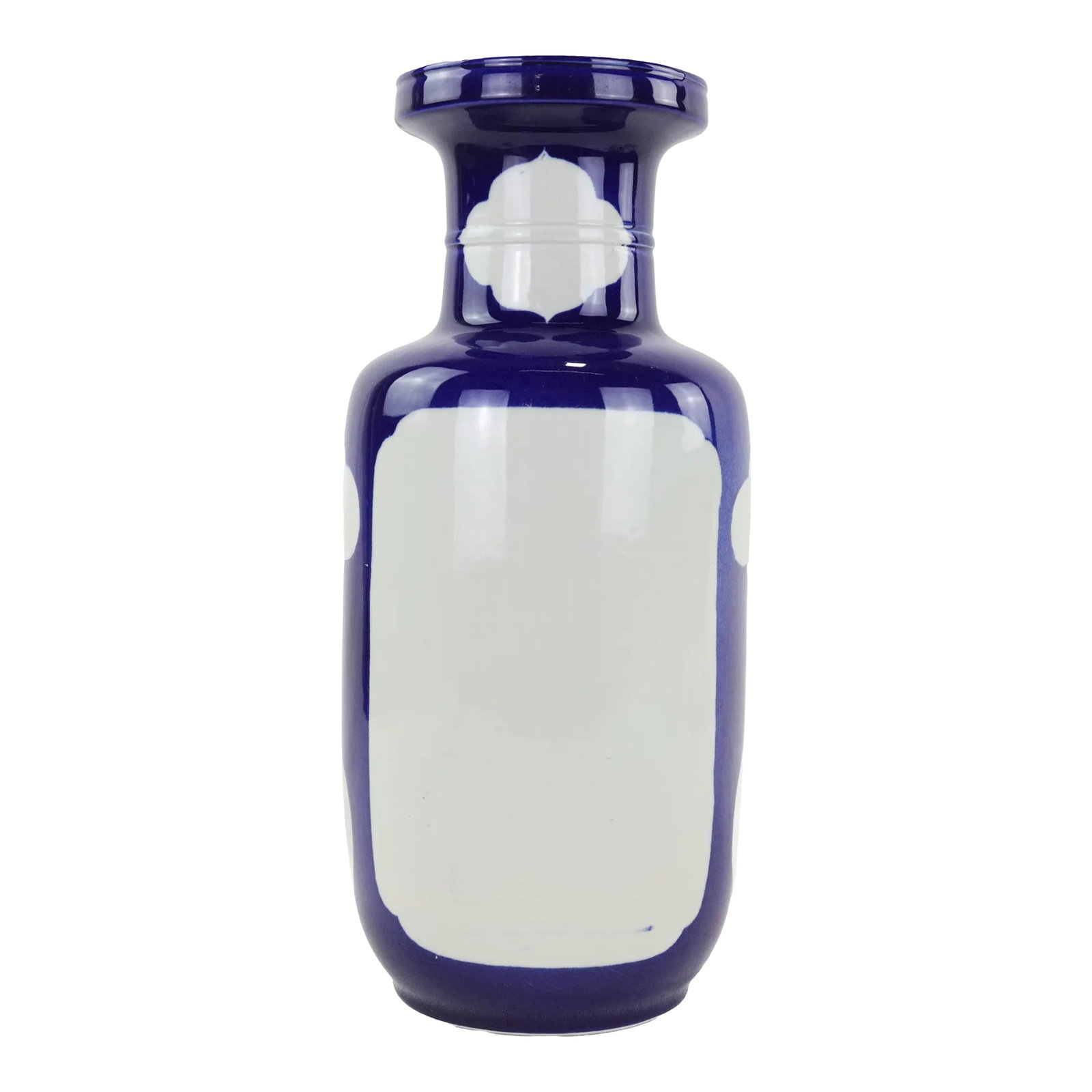 Vintage Unique Chinese Monochrome Blue and White Porcelain Vase: A striking Chinese porcelain vase featuring a rich cobalt blue glaze with reserved white panels. This elegant vase boasts a smooth, high-gloss finish and a distinctive shape, making it a refined
