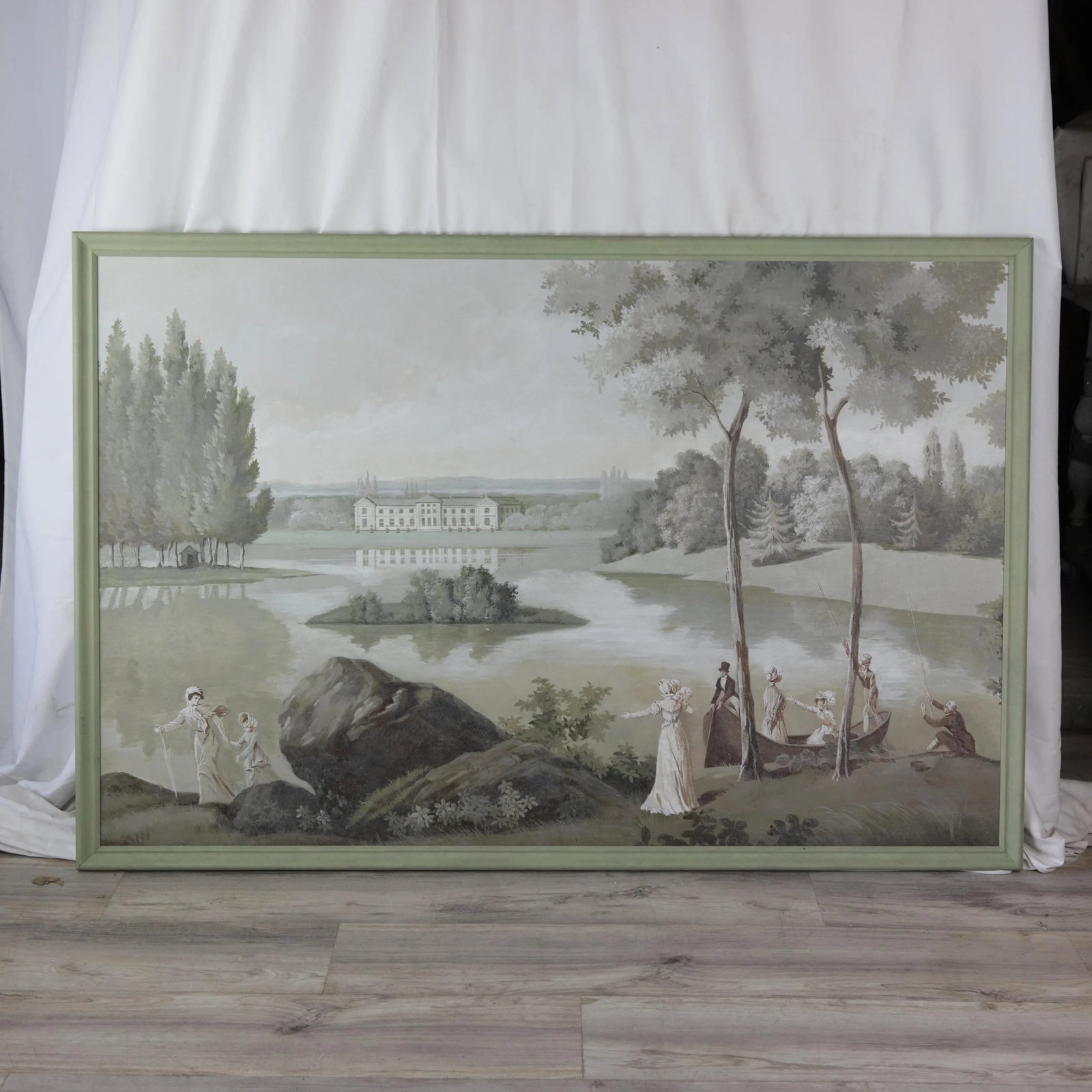 Large Neoclassical Style Landscape Painting – Pastoral Scene With Figures and Estate - 12