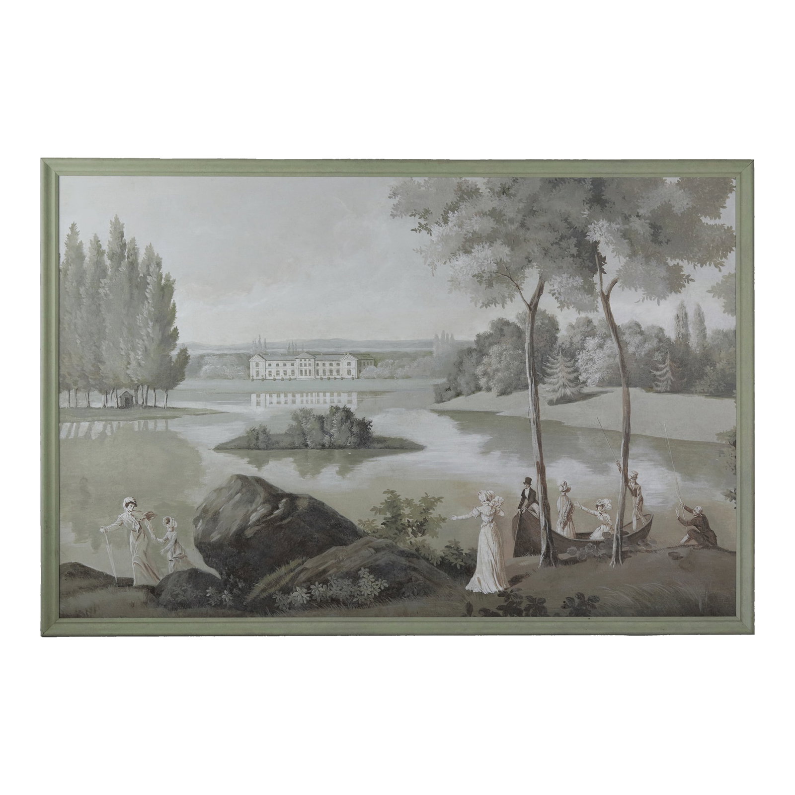 Large Neoclassical Style Landscape Painting – Pastoral Scene With Figures and Estate: A grand neoclassical-style painting depicting an idyllic countryside with elegantly dressed figures, lush greenery, and a stately manor in the distance. The soft, muted tones and classical