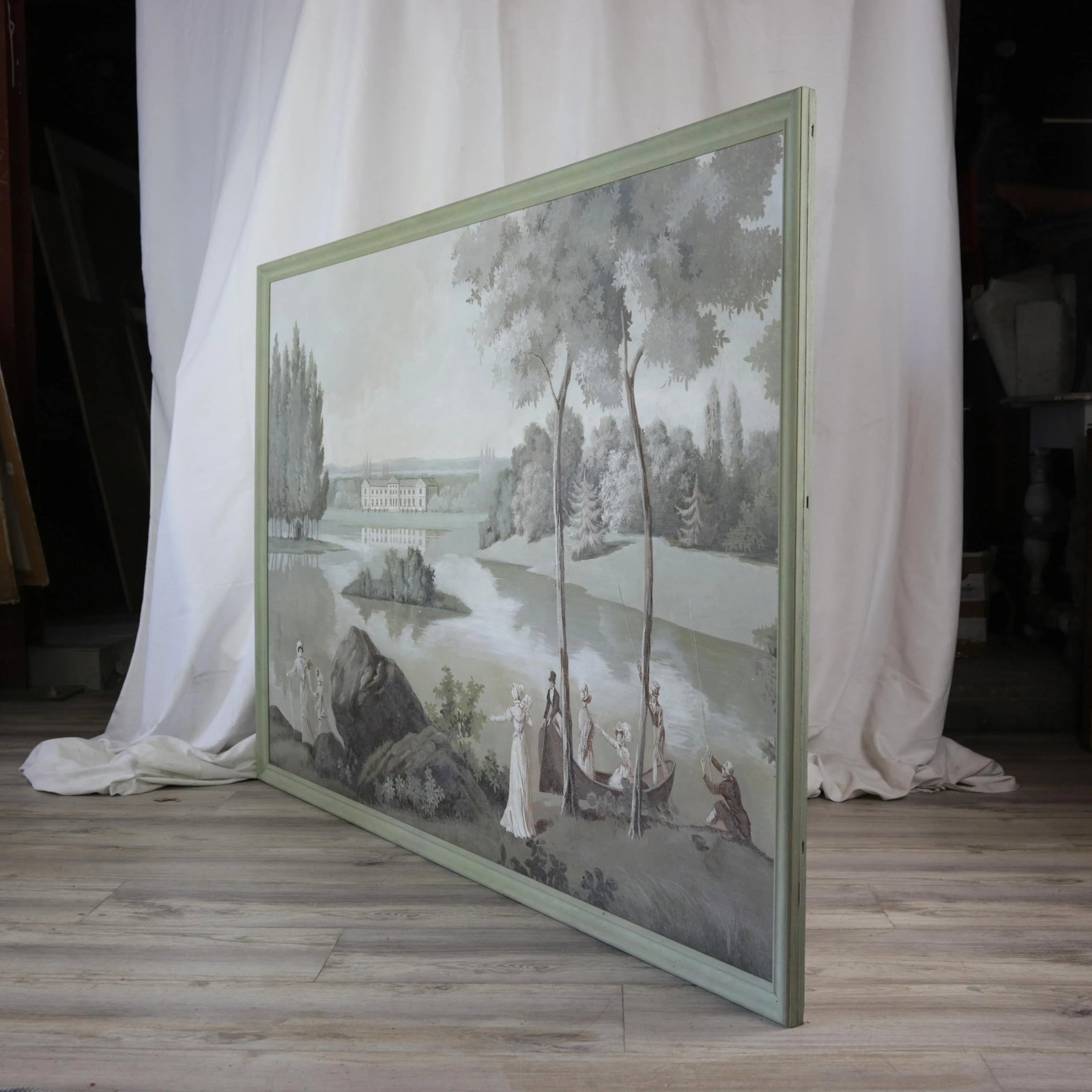 Large Neoclassical Style Landscape Painting – Pastoral Scene With Figures and Estate - 2