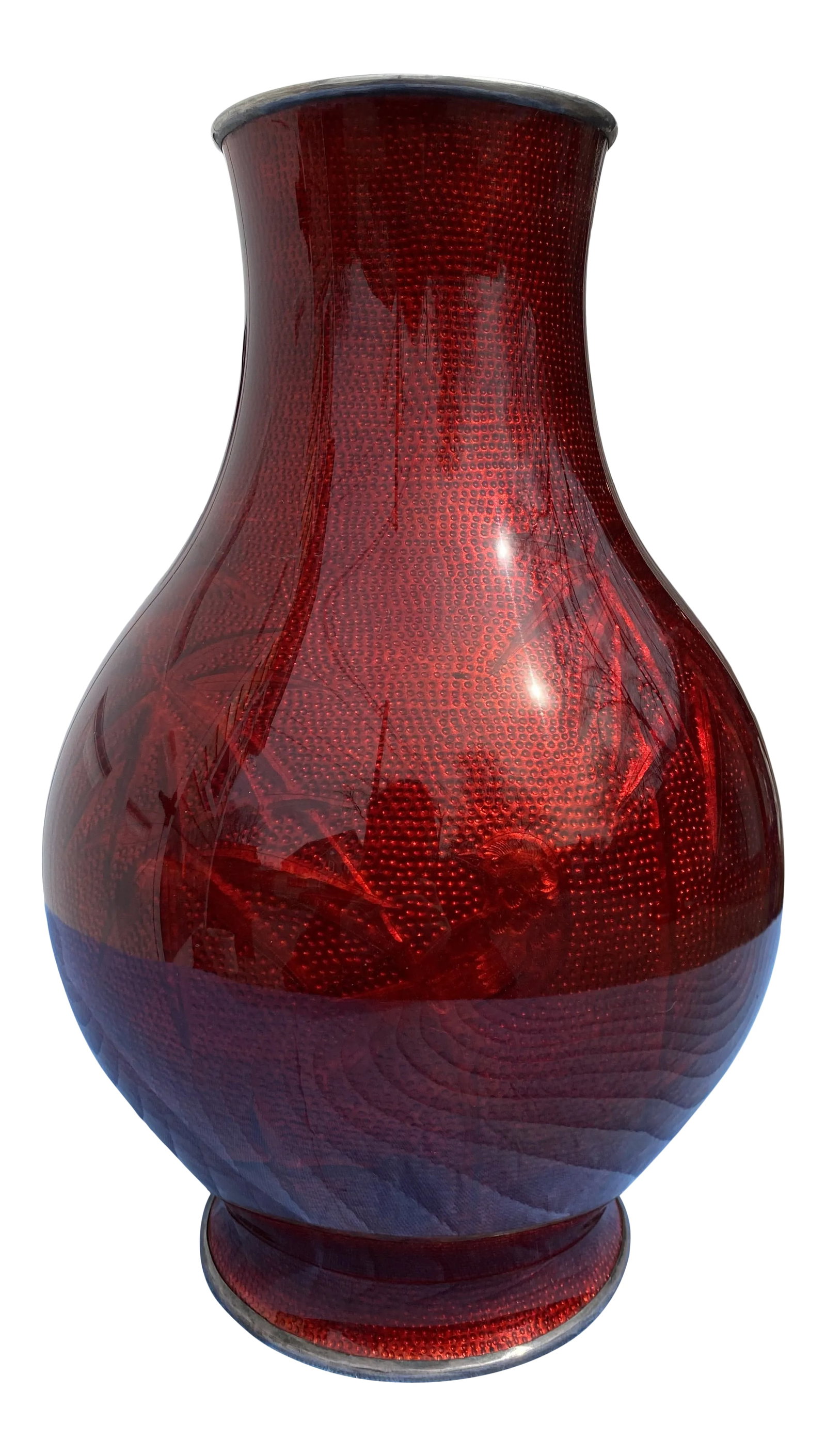 Early 20th Century Red Japanese Cloisonné Vase (Signed): Red Japanese Cloissone Vase. Signed by O.T.A. Hirsaki. Also signed, on the silver mounted rim on the base "Made in Occupied Japan". Circa 1920. Comes with original wooden box. Beautiful piece and
