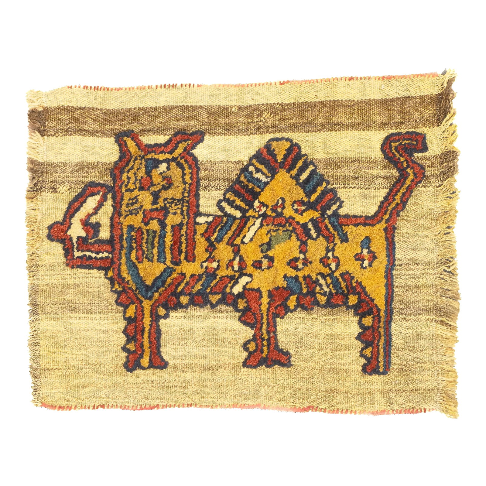 Antique Handwoven Gabbeh Palas Rug Textile Art 2'1" X 2'7": This antique Gabbeh Palas rug, woven circa 1920, is a rare piece of Persian tribal art. It features a flat-woven wool base with a knotted pile animal motif, highlighting the craftsmanship of nomadic