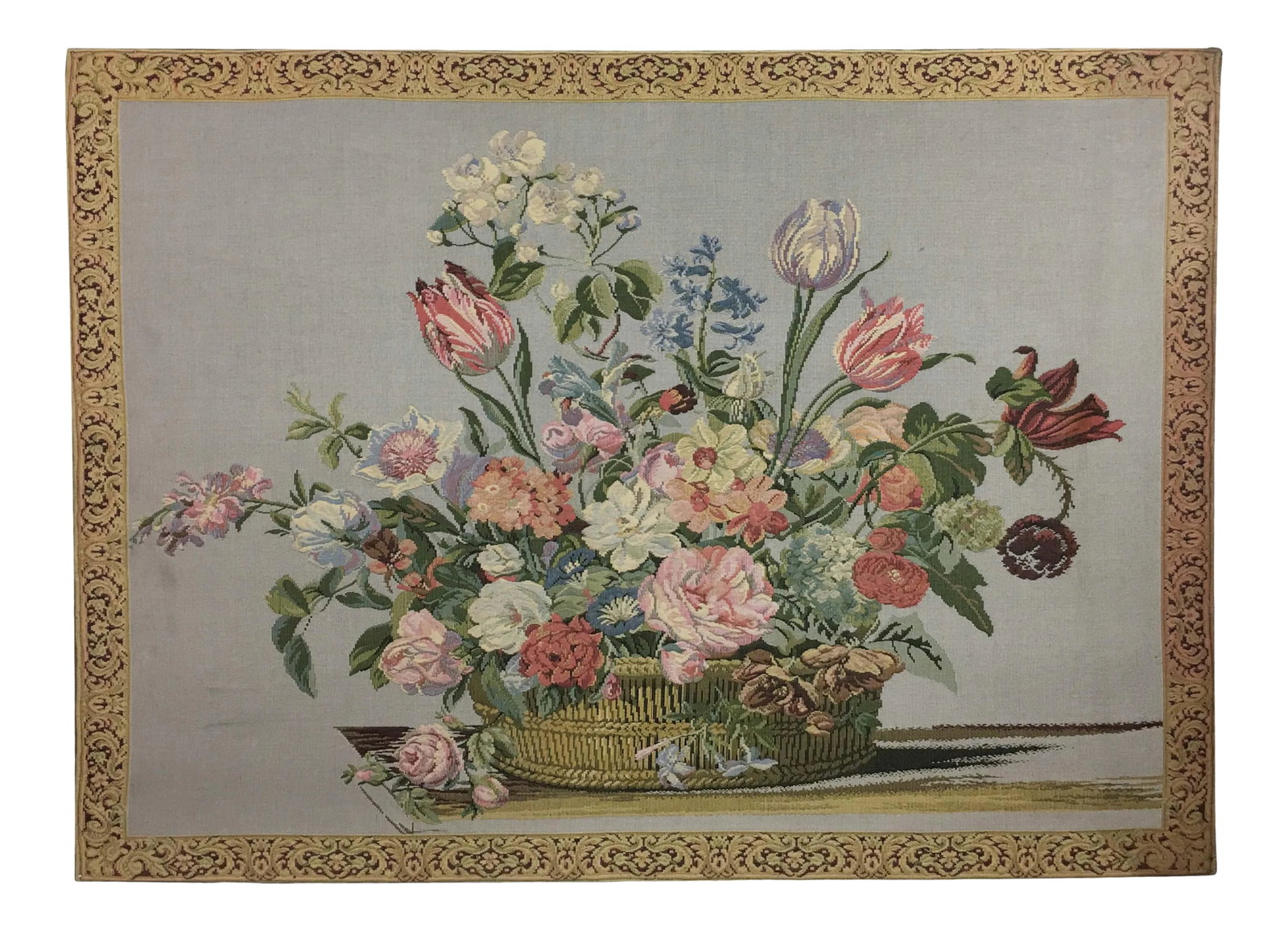 Vintage English Handmade Floral Still Life Tapestry: In 1839, France first introduced silk-woven portraits and landscape paintings. Brocade paintings were very fashionable interiors in 19th century Europe. Among them, the brocade paintings of France