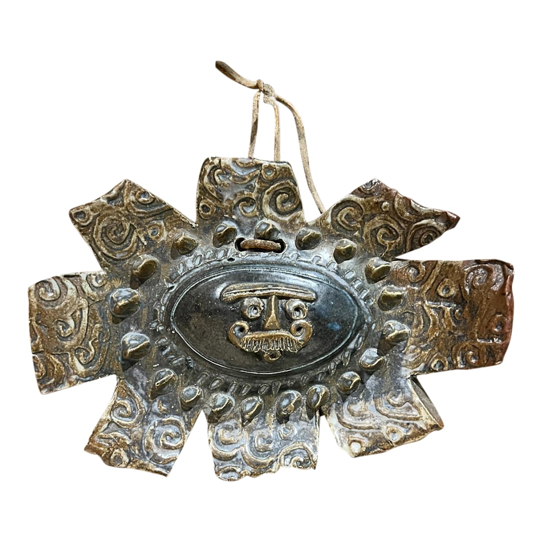 1970s Studio Art Handcrafted Sun Shaped Pottery: AMBIANIC presents 1970s Handcrafted Sun shaped Pottery 5 h x 7.38 w x 1.38 d Decorative hanging all art Leather string attached Unmarked Preowned vintage condition. Good quality. Refer to images