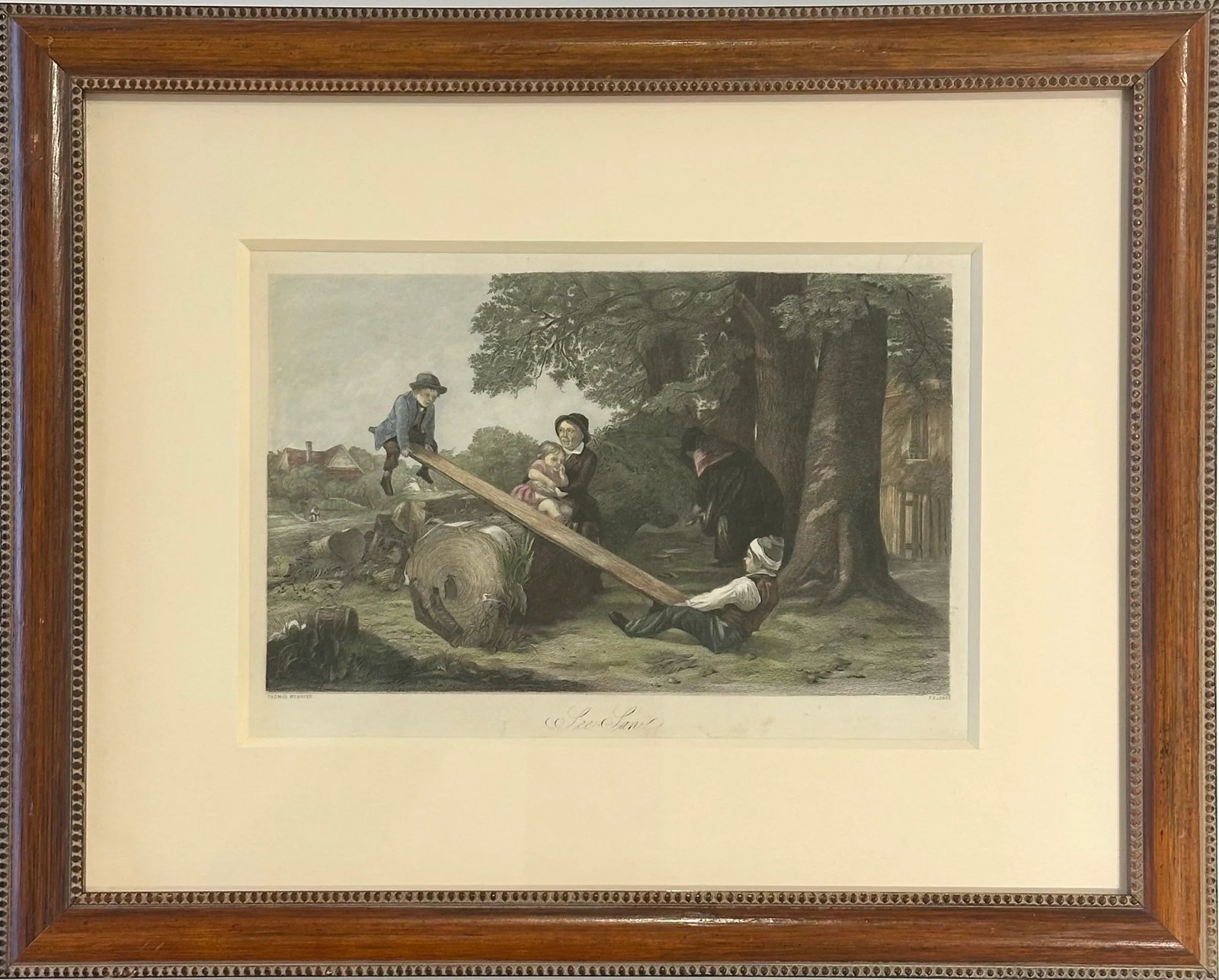See Saw, Original Framed Engraving, C. 1850: Original steel engraving by F.E. Jones, circa 1850 after noteworthy painting by William Mulready. Mulready was an Irish genre painter living in London and was best known for his romanticizing