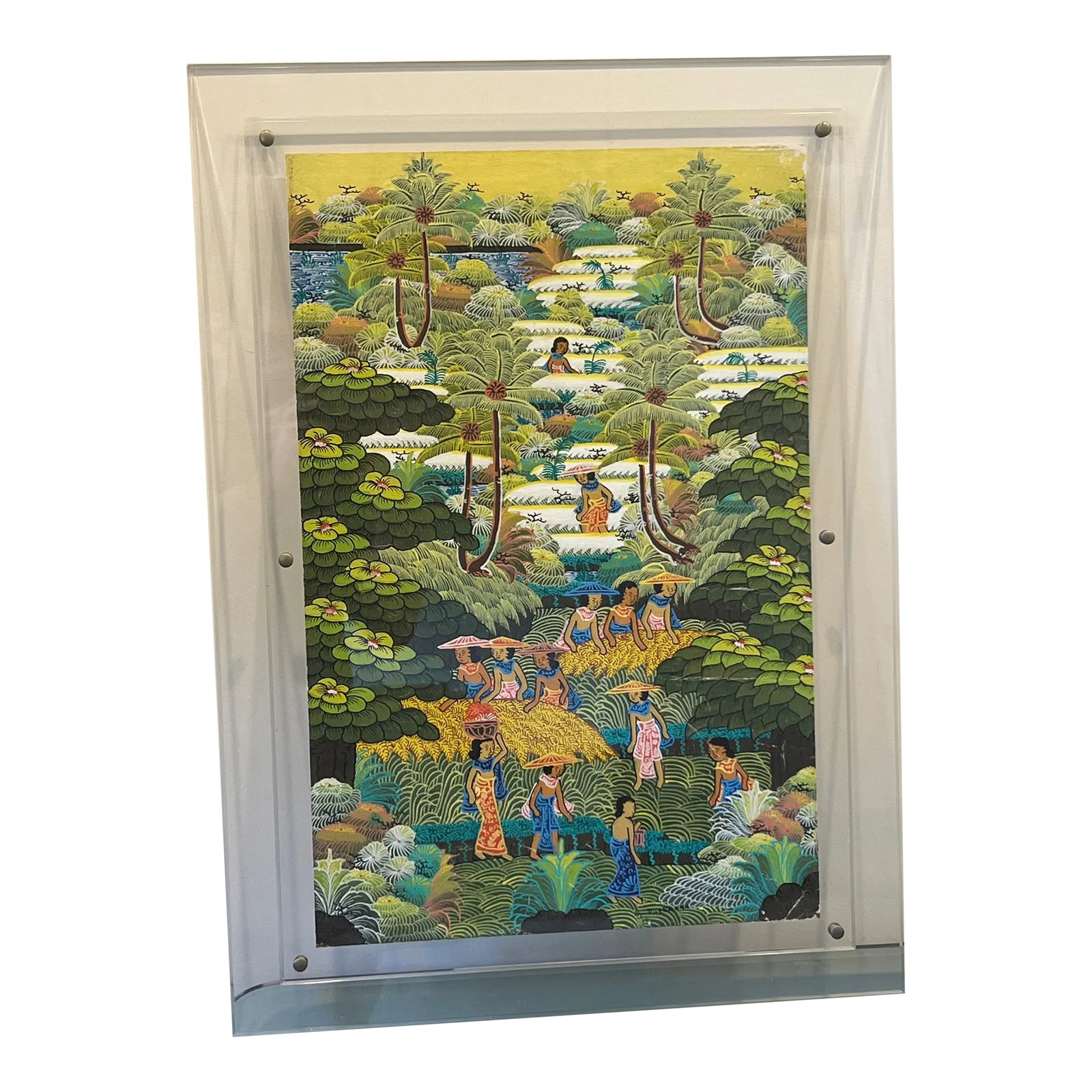 20th Century Original Balinese Painting on Canvas: A Traditional folk art painting on Canvas from Bali. Depicting scenes from everyday life. It is framed in a very expensive custom Beveled lucite frame for a contemporary look. Canvas Size 23"x15" We h