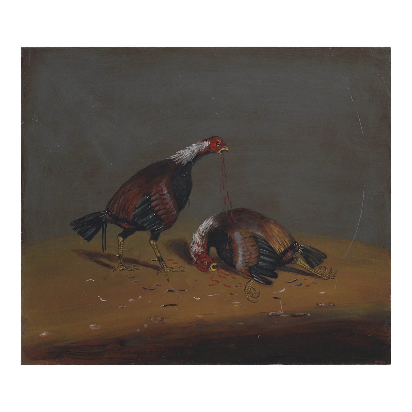 Traditional Painting of Two Roosters in a Fight on Iron - Part 4: Capture the intensity of the moment with this antique hand-painted iron artwork depicting a dramatic cockfight. Rich in detail and expressive movement, this unique piece showcases traditional folk