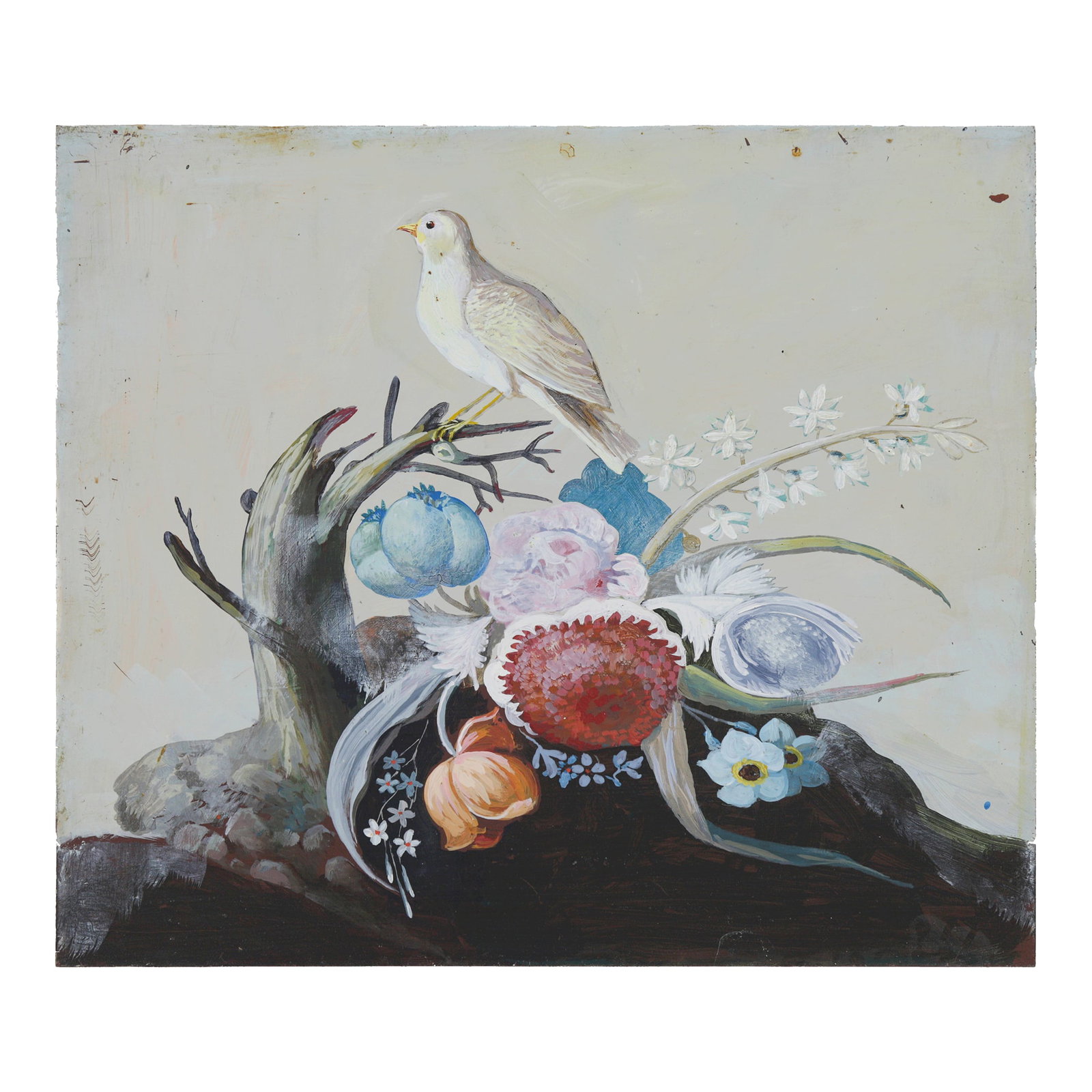 Vintage Hand-Painted Bird & Floral Still Life on Iron, 14" – Botanical Wall Art: A charming antique-style iron painting featuring a delicate white bird perched among lush, vibrant florals. This hand-painted artwork blends soft pastels and natural tones, making it an elegant