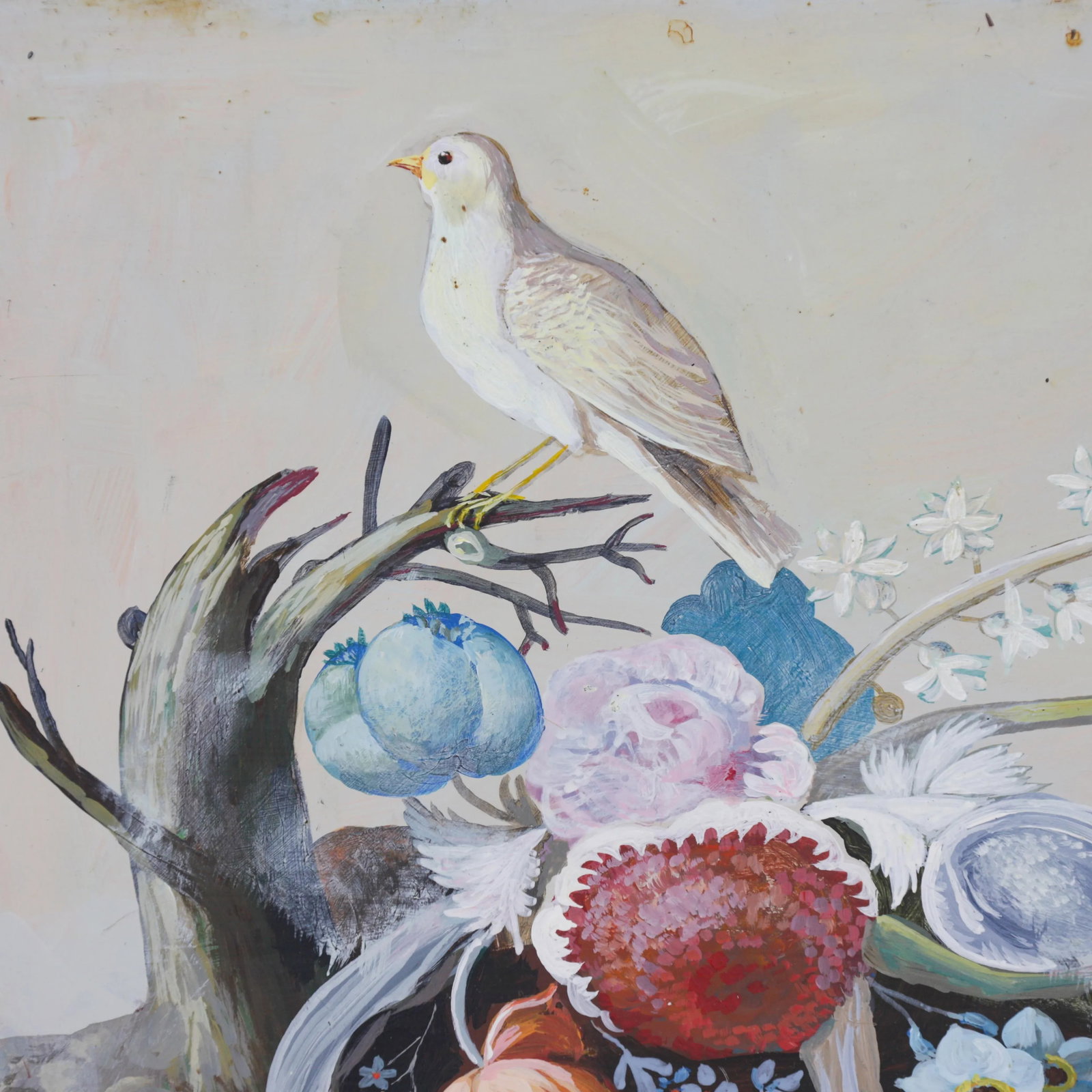 Vintage Hand-Painted Bird & Floral Still Life on Iron, 14" – Botanical Wall Art - 2