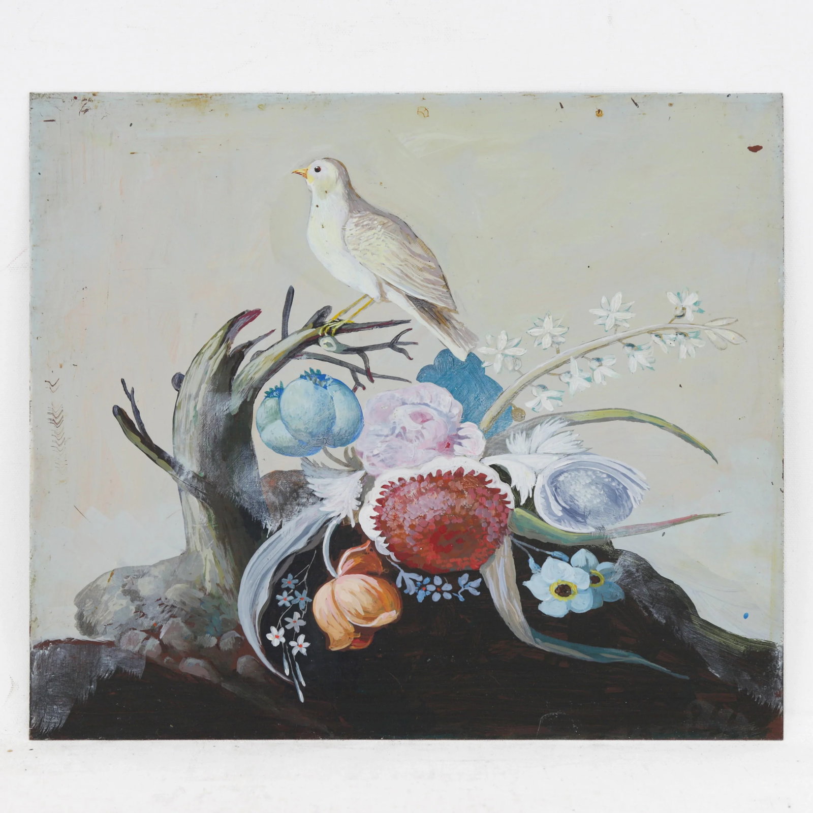 Vintage Hand-Painted Bird & Floral Still Life on Iron, 14" – Botanical Wall Art - 7