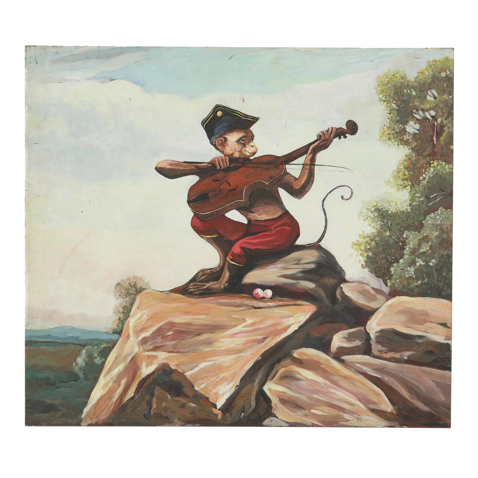 Vintage Hand-Painted Iron Painting – Monkey Playing Violin on Metal Panel (1 of 8)