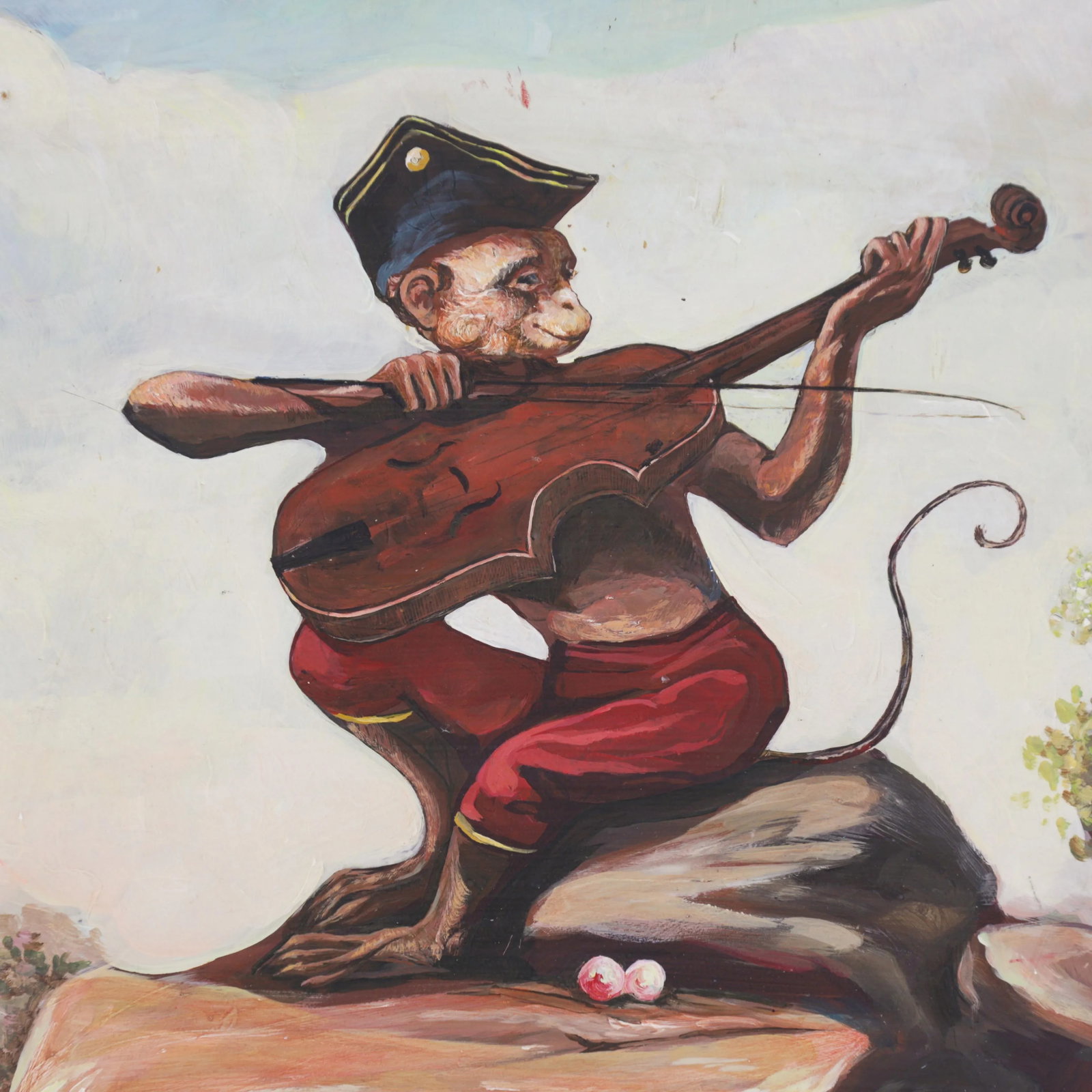 Vintage Hand-Painted Iron Painting – Monkey Playing Violin on Metal Panel - 2