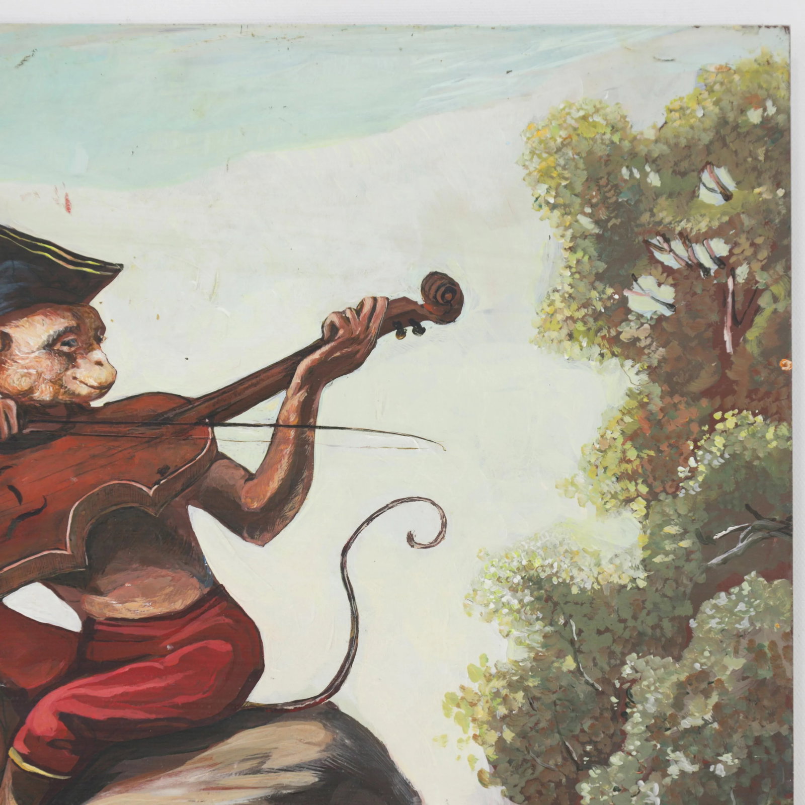 Vintage Hand-Painted Iron Painting – Monkey Playing Violin on Metal Panel - 4