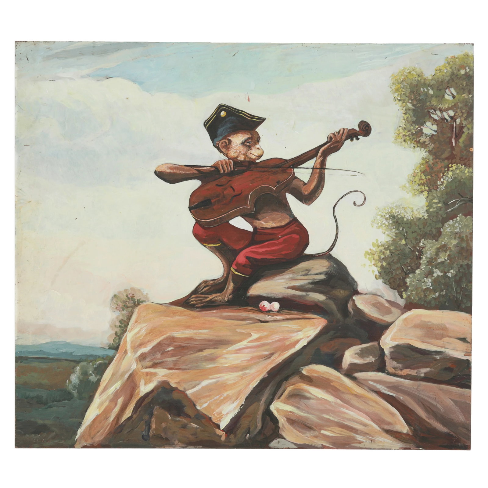 Vintage Hand-Painted Iron Painting – Monkey Playing Violin on Metal Panel - 8