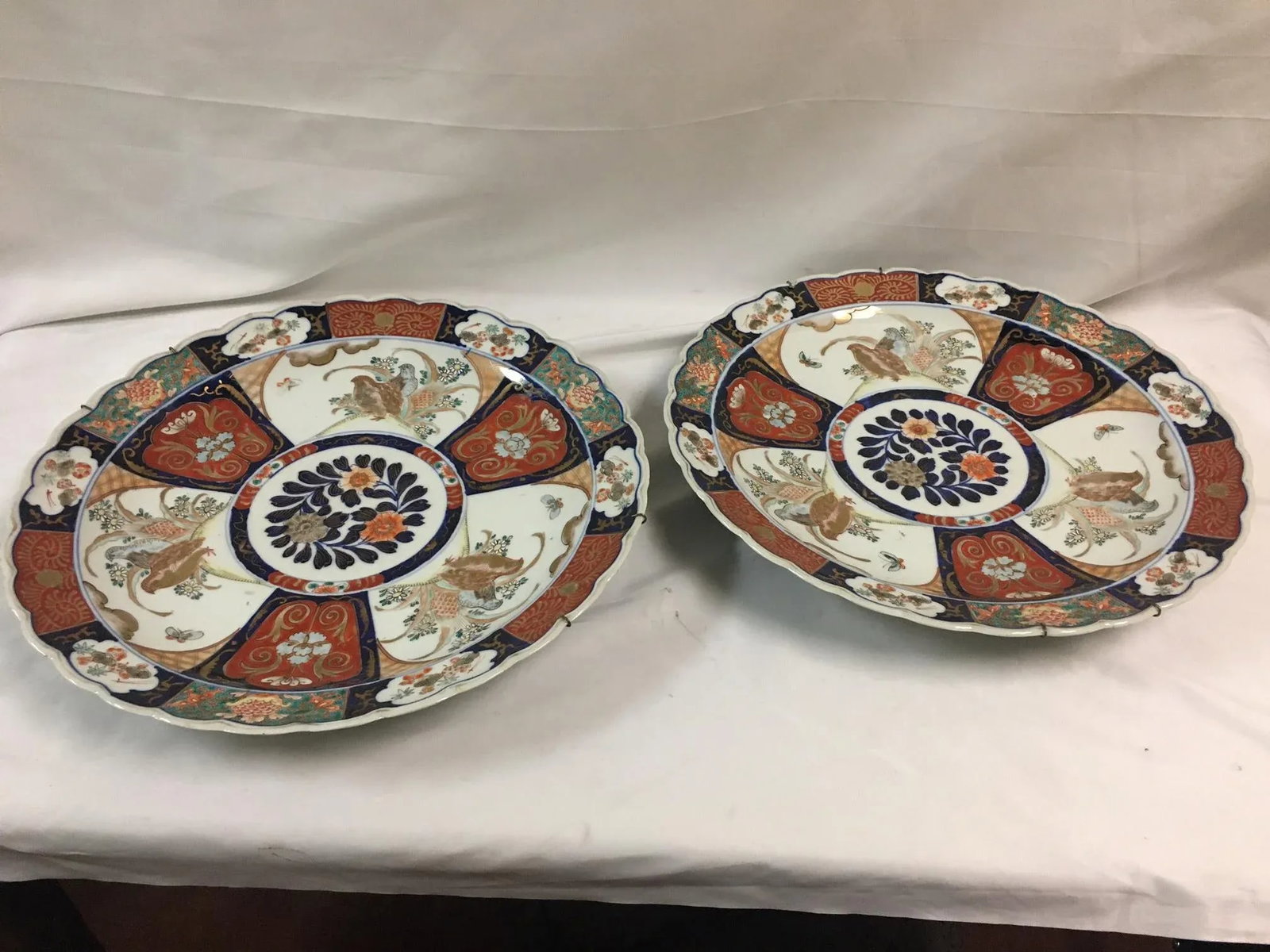 Pair Imari Porcelain Chargers W/Four Hand Painted Panels and Scalloped Edges - 2