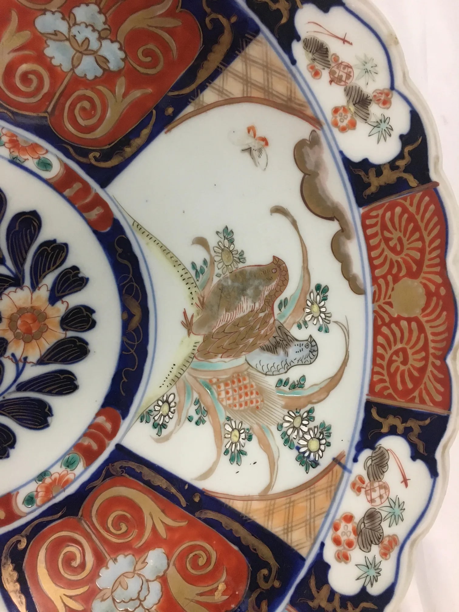 Pair Imari Porcelain Chargers W/Four Hand Painted Panels and Scalloped Edges - 3