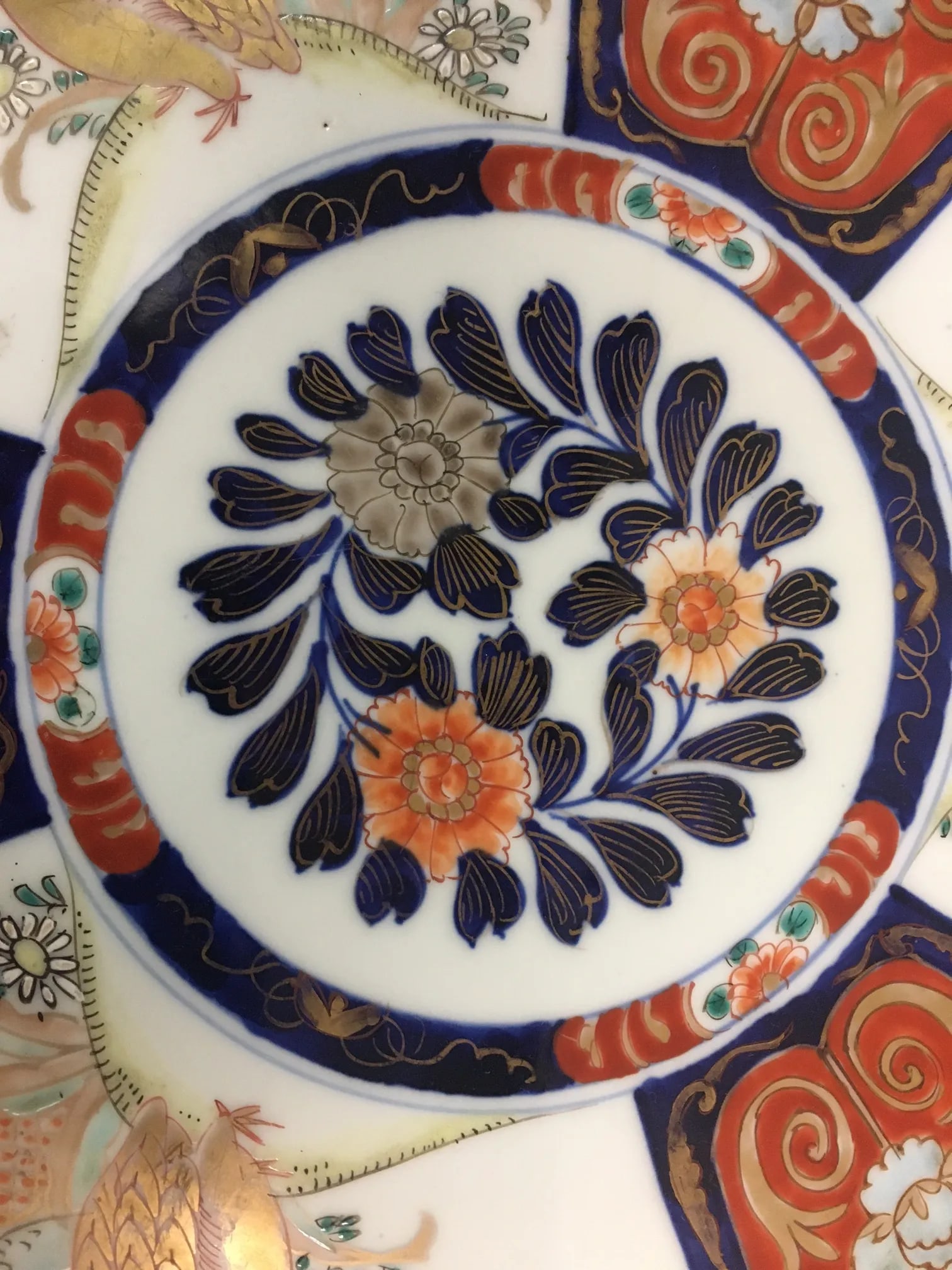 Pair Imari Porcelain Chargers W/Four Hand Painted Panels and Scalloped Edges - 4