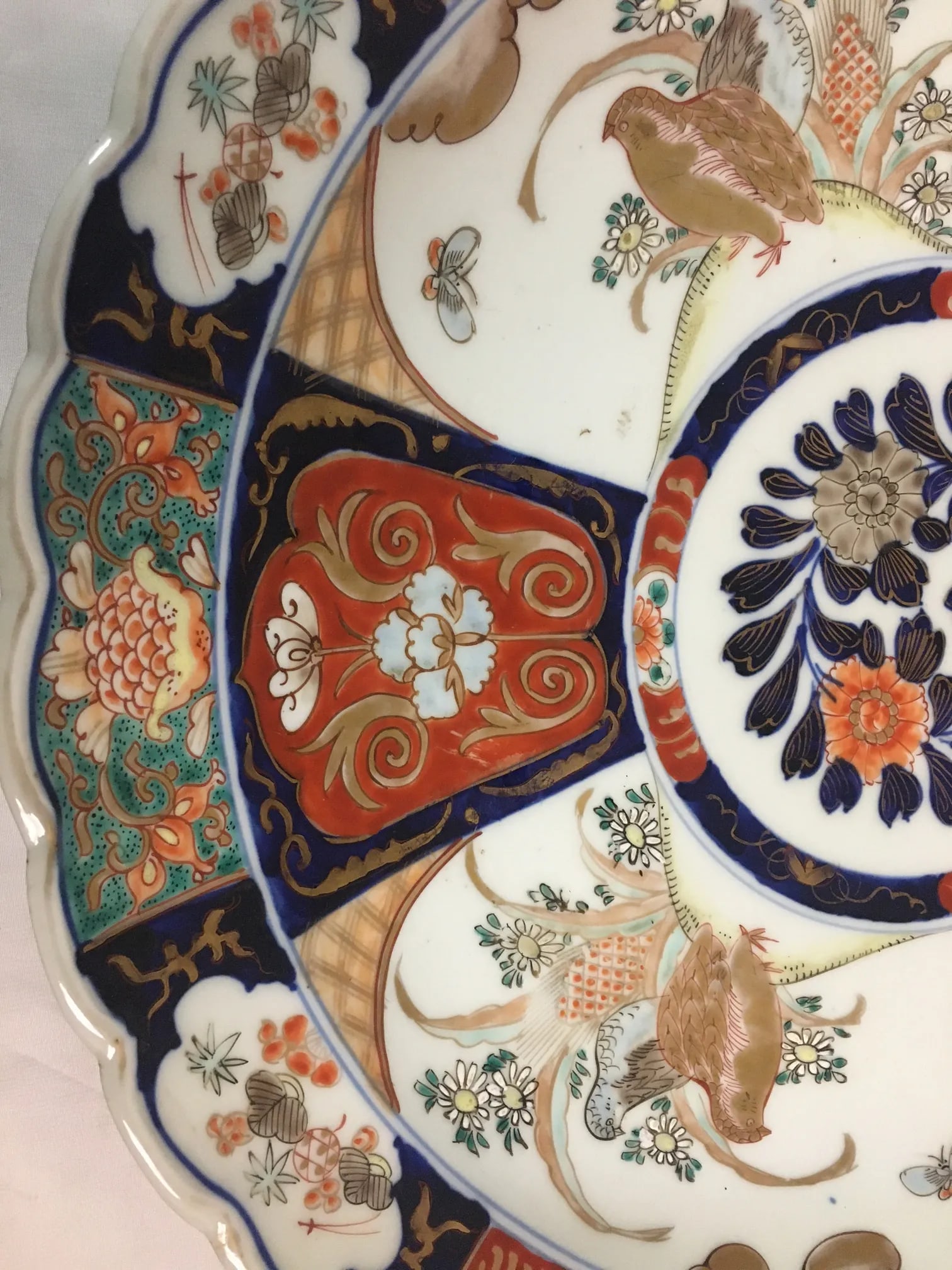 Pair Imari Porcelain Chargers W/Four Hand Painted Panels and Scalloped Edges - 6