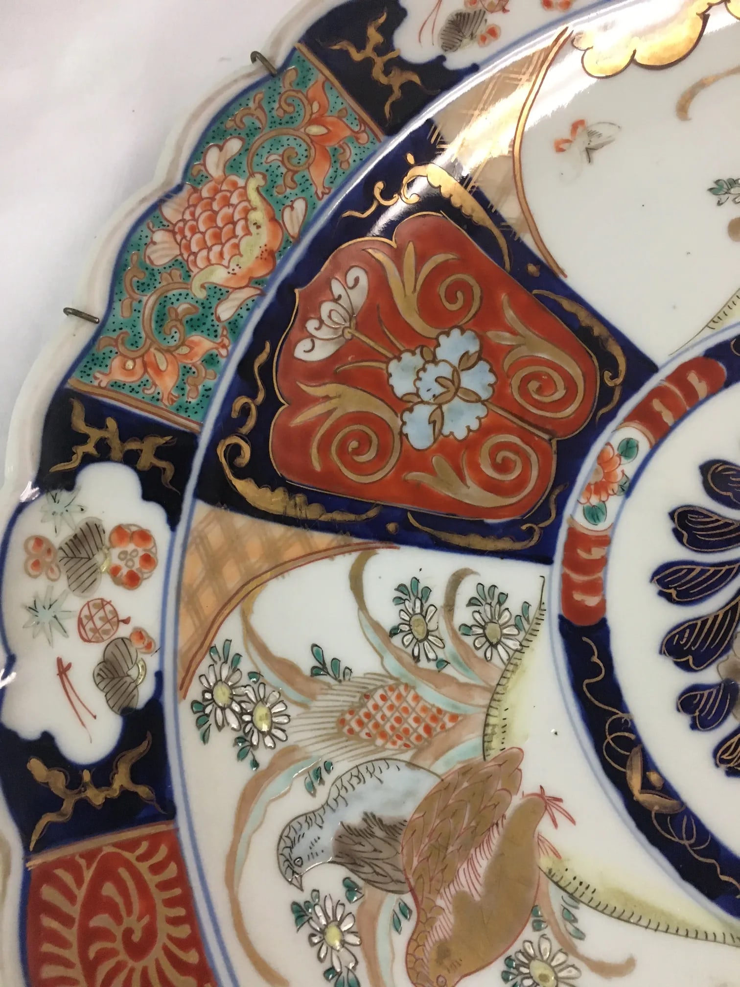 Pair Imari Porcelain Chargers W/Four Hand Painted Panels and Scalloped Edges - 7