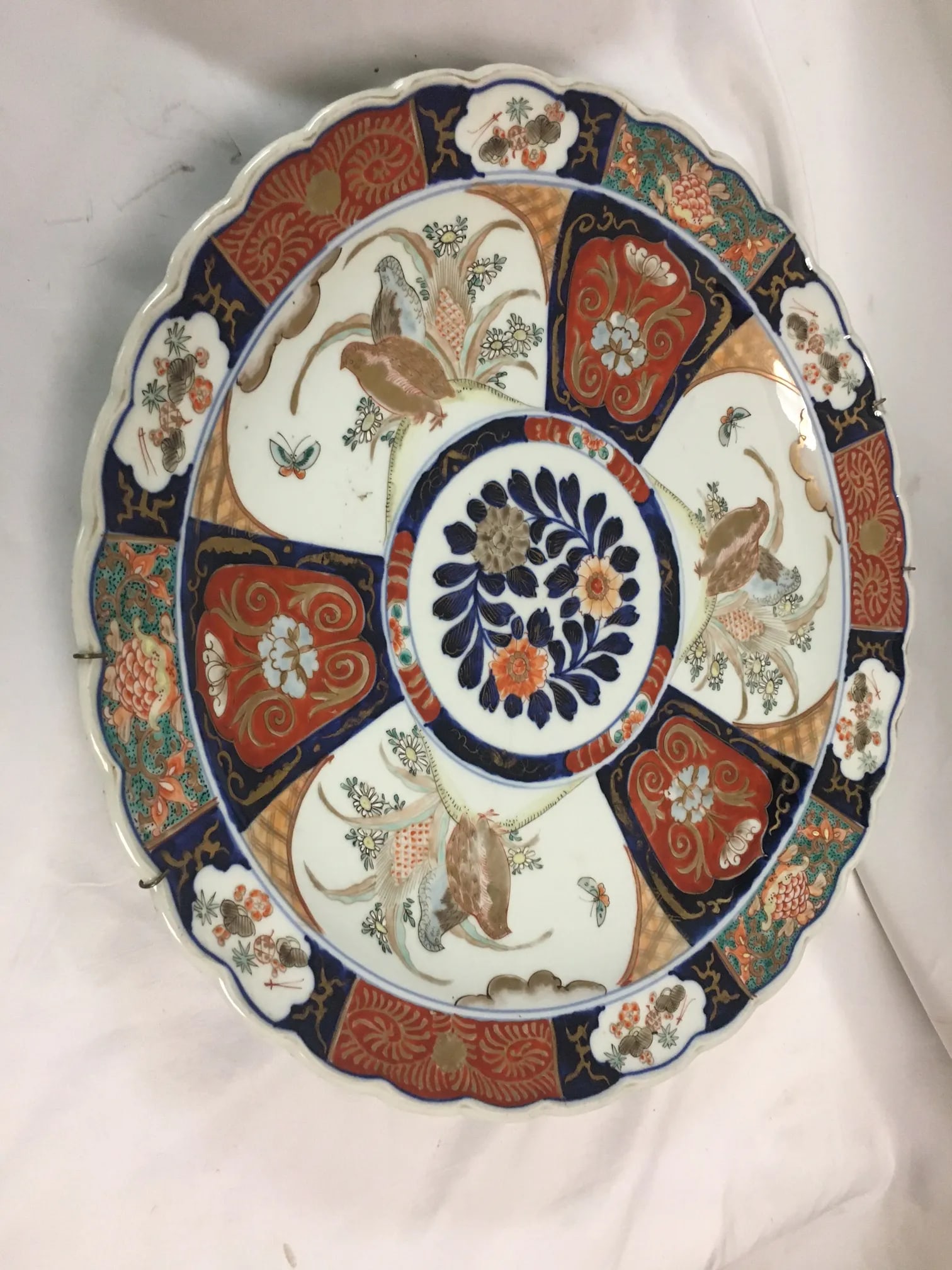 Pair Imari Porcelain Chargers W/Four Hand Painted Panels and Scalloped Edges - 8