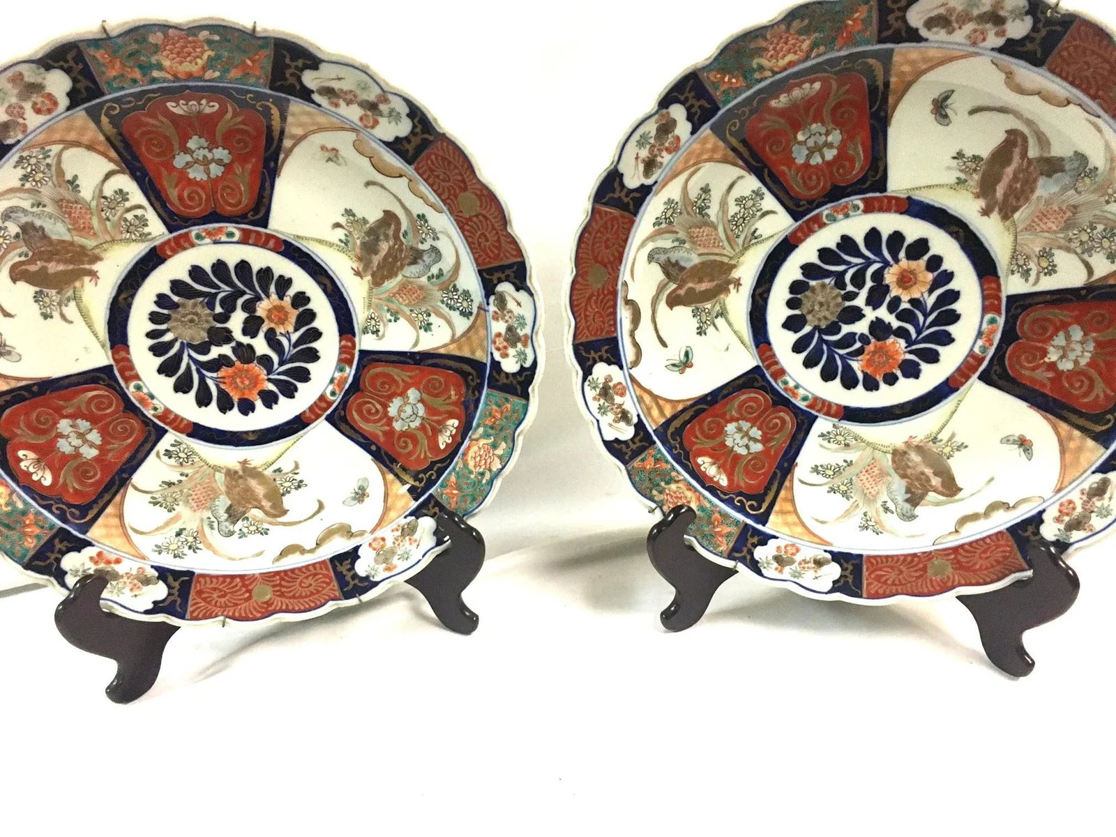 Pair Imari Porcelain Chargers W/Four Hand Painted Panels and Scalloped Edges - 9