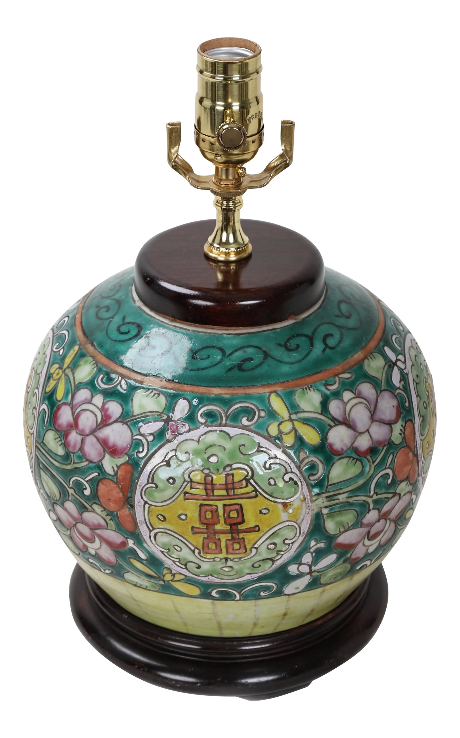 19th Century Antique Asian Porcelain Lamp: Pattern design of flowers and Chinese characters. The word "å›" in the circle represents the joyous meaning of the Chinese wedding scene, which is one of the necessary dowries for a