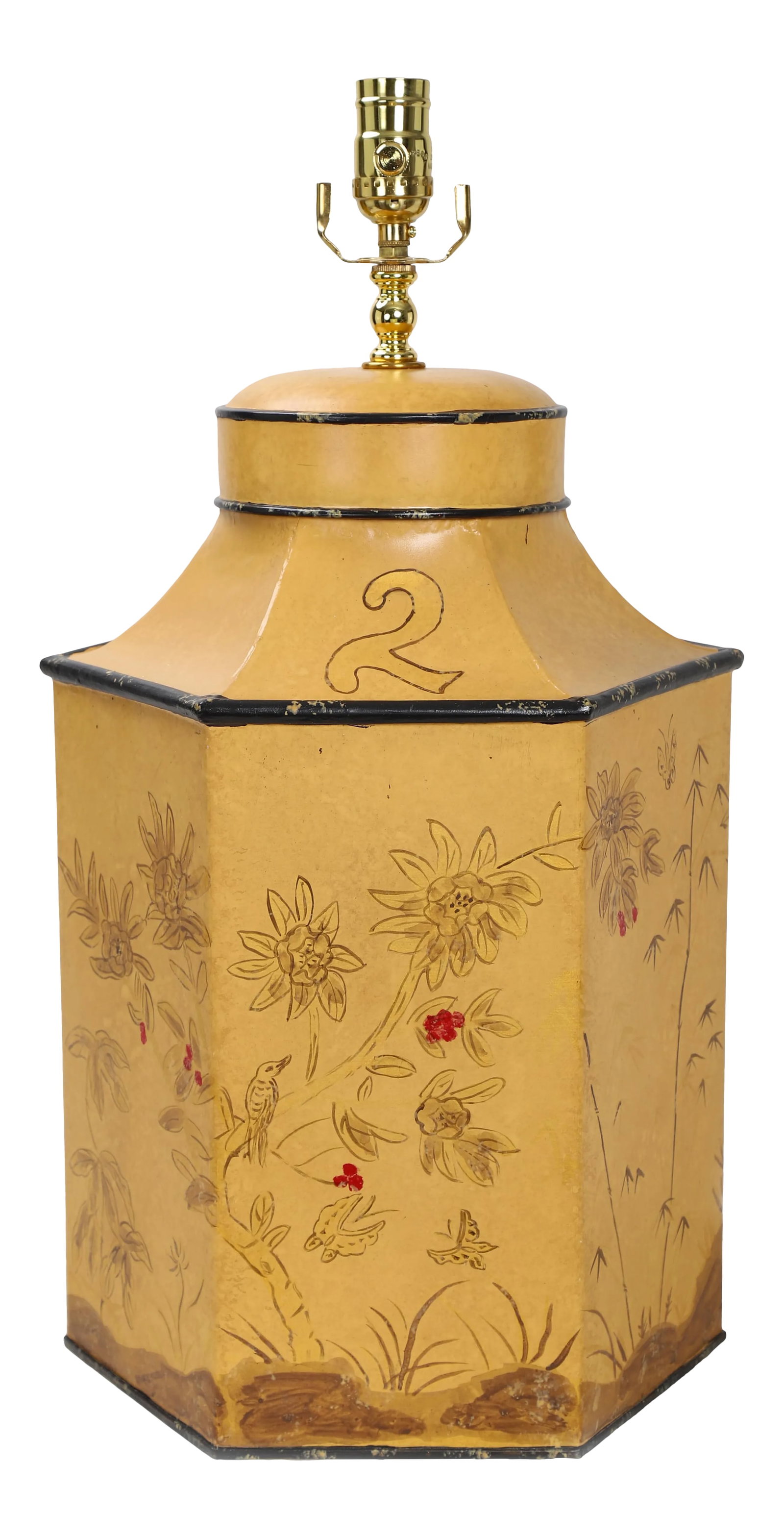 Vintage English Export Chinoiserie Style Yellow Hexagonal Tea Caddy Lamp: The metal hexagonal tea caddy lamp is painted yellow with brown flowers painted on it. The number 2 represents tea leaves transported using this type of tea canister. Combine it with similar-looking