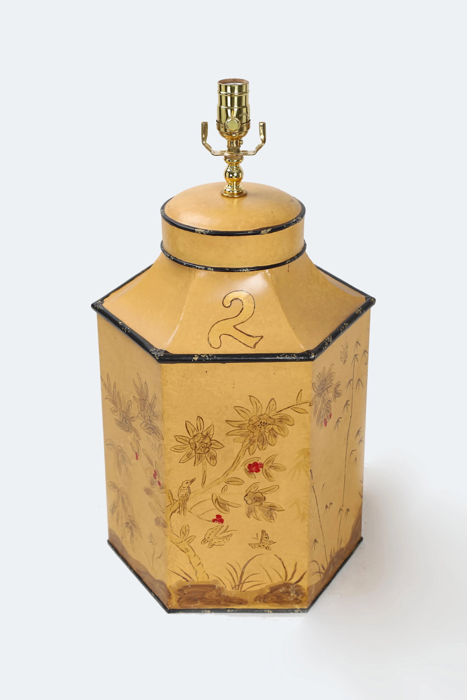 Vintage English Export Chinoiserie Style Yellow Hexagonal Tea Caddy Lamp - 2