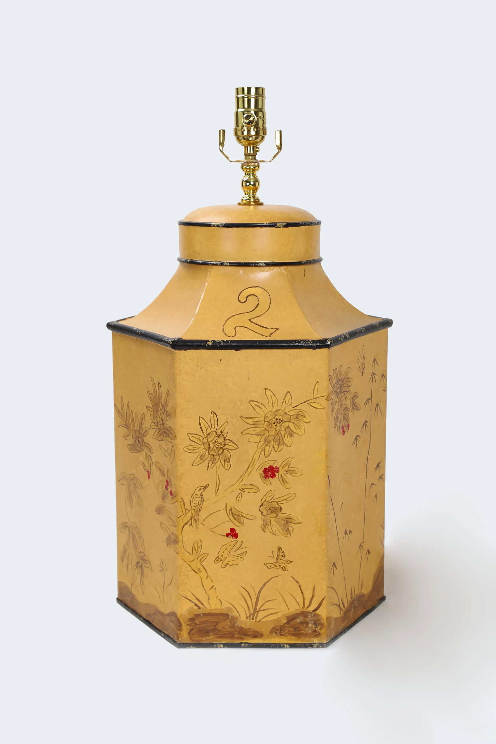 Vintage English Export Chinoiserie Style Yellow Hexagonal Tea Caddy Lamp - 9