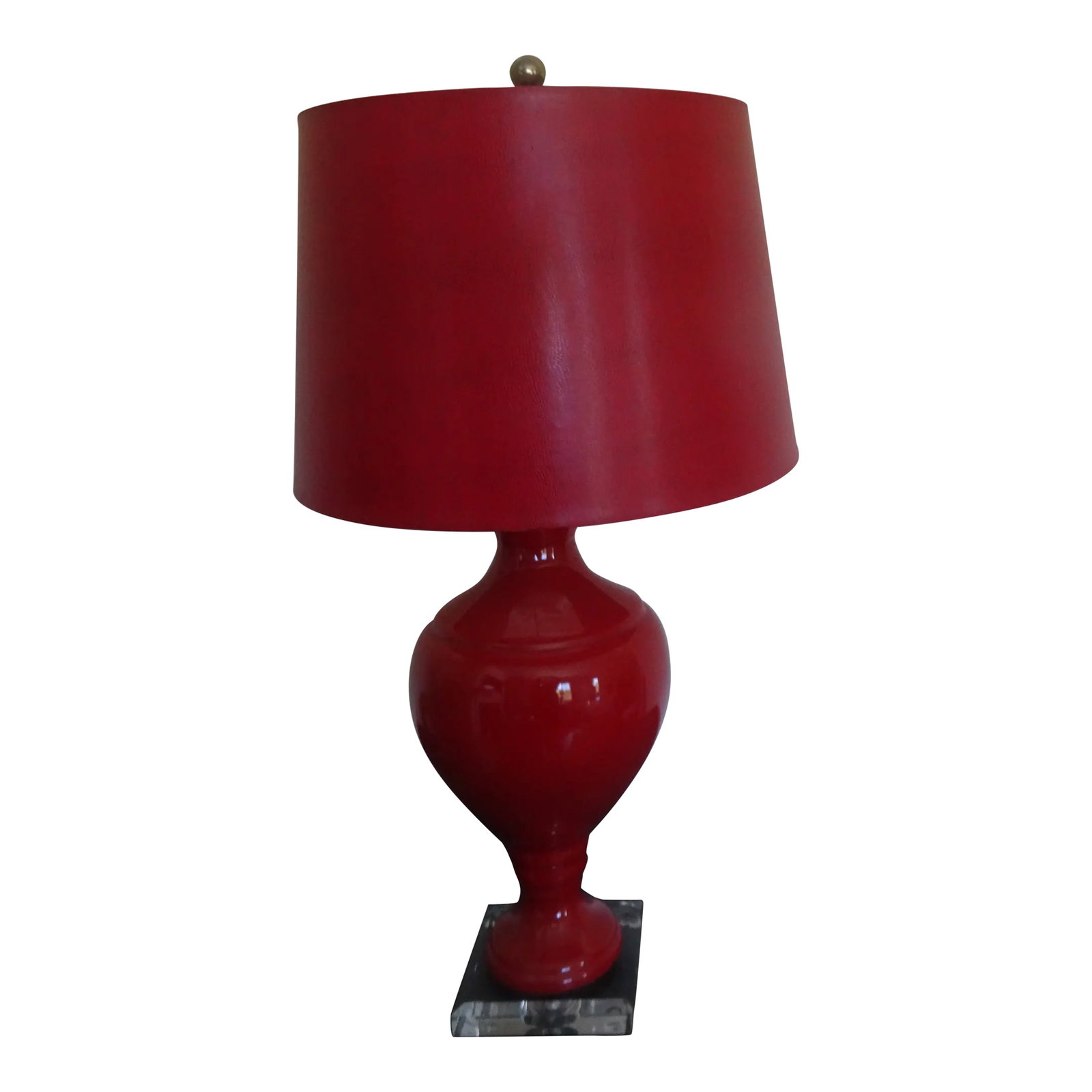 Lipstick Red Lamp From Port 68: A beautiful vibrant color urn shaped lamp with modern lucite base. From Luxury Lamp Company Port 68. Lamp Shade Not Included Lamp Width 9" Condition: Alterations: Original Condition Unaltered Imperfec