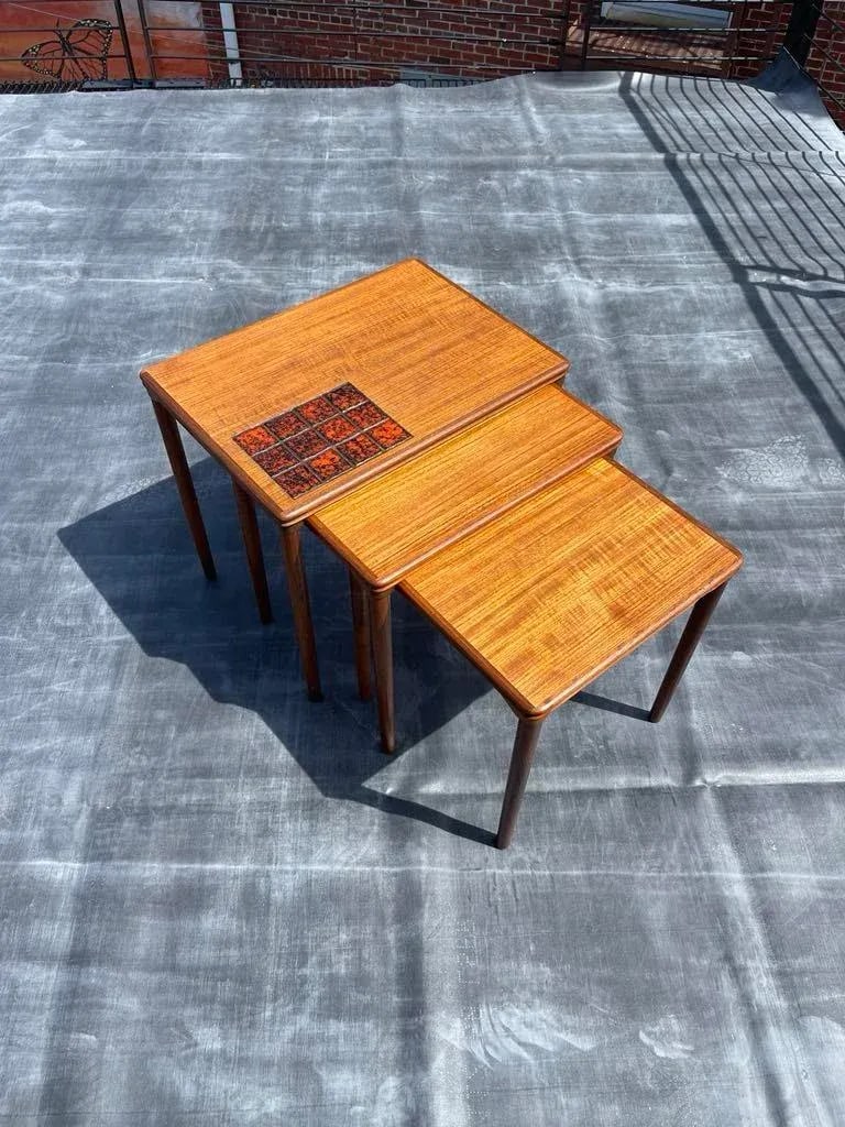 HW Klein Vintage Mid-Century Teak & Tile Nest of Tables - Set of 3 - 10