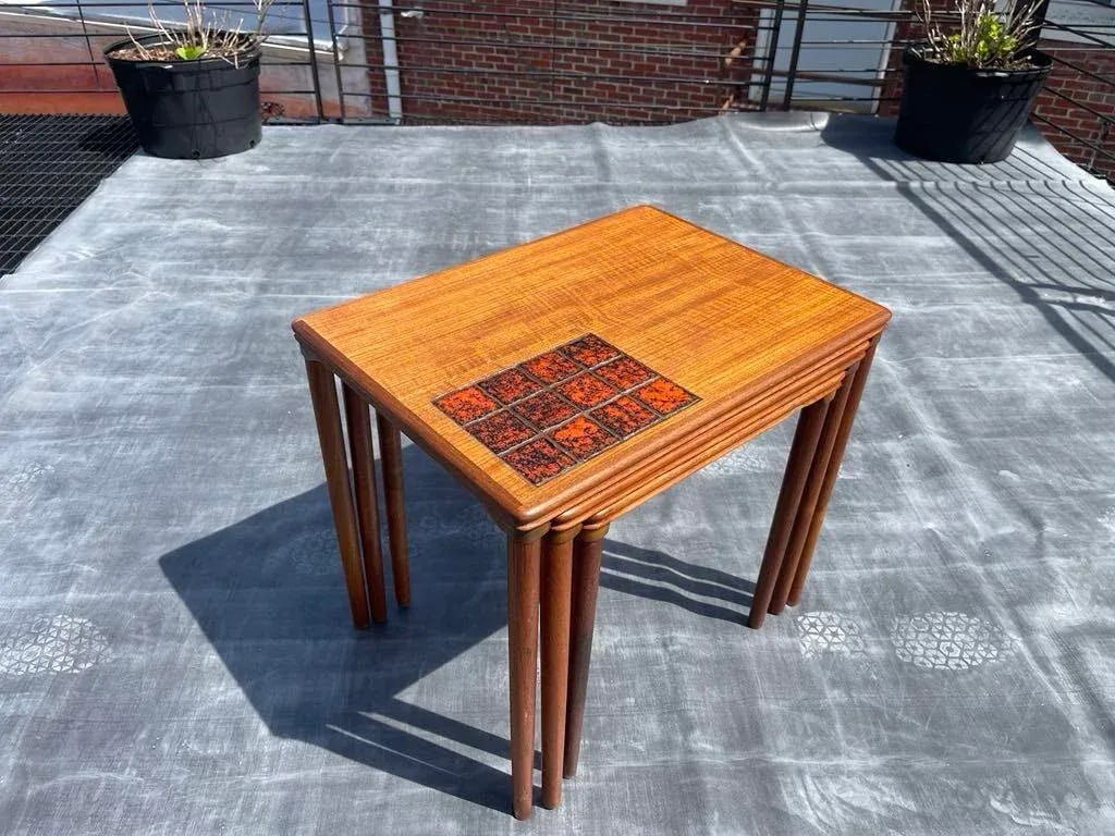 HW Klein Vintage Mid-Century Teak & Tile Nest of Tables - Set of 3 - 4