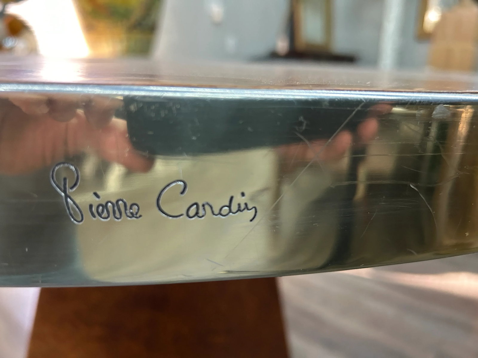 1970s Signed Pierre Cardin Burled and Brass Table - 10