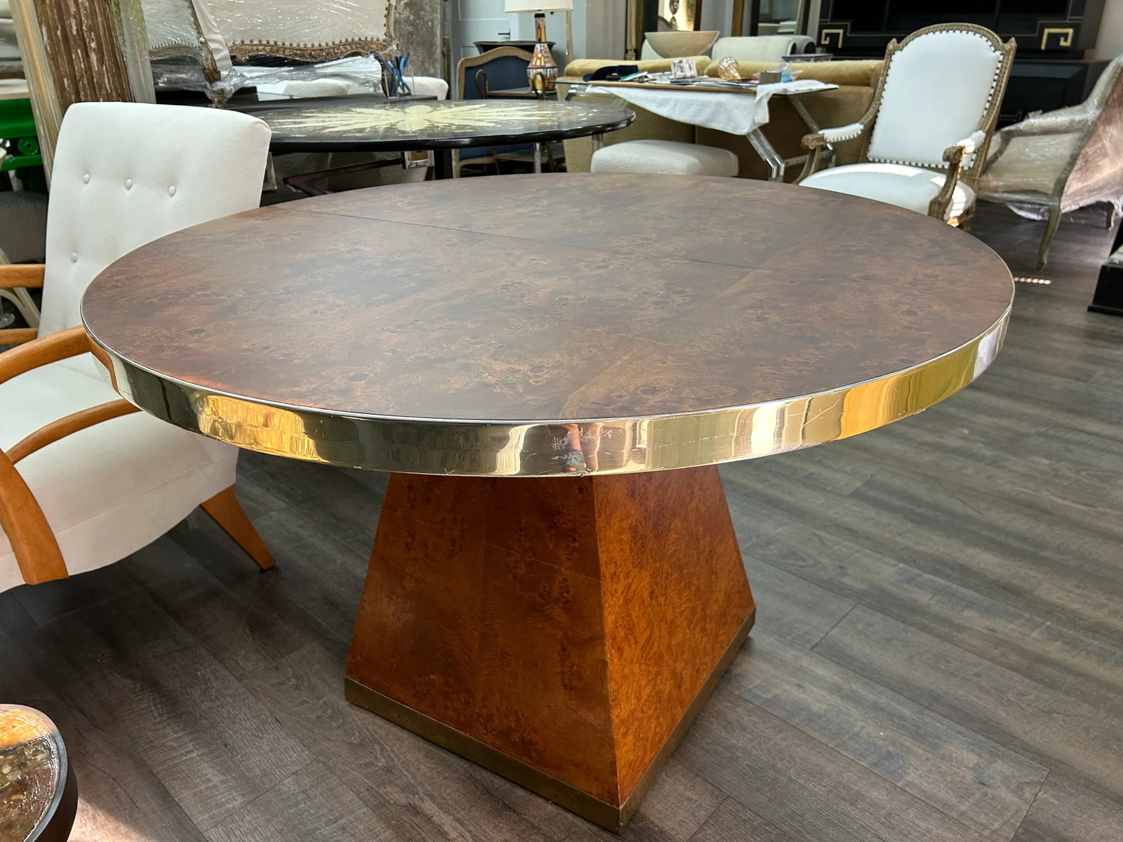 1970s Signed Pierre Cardin Burled and Brass Table - 11