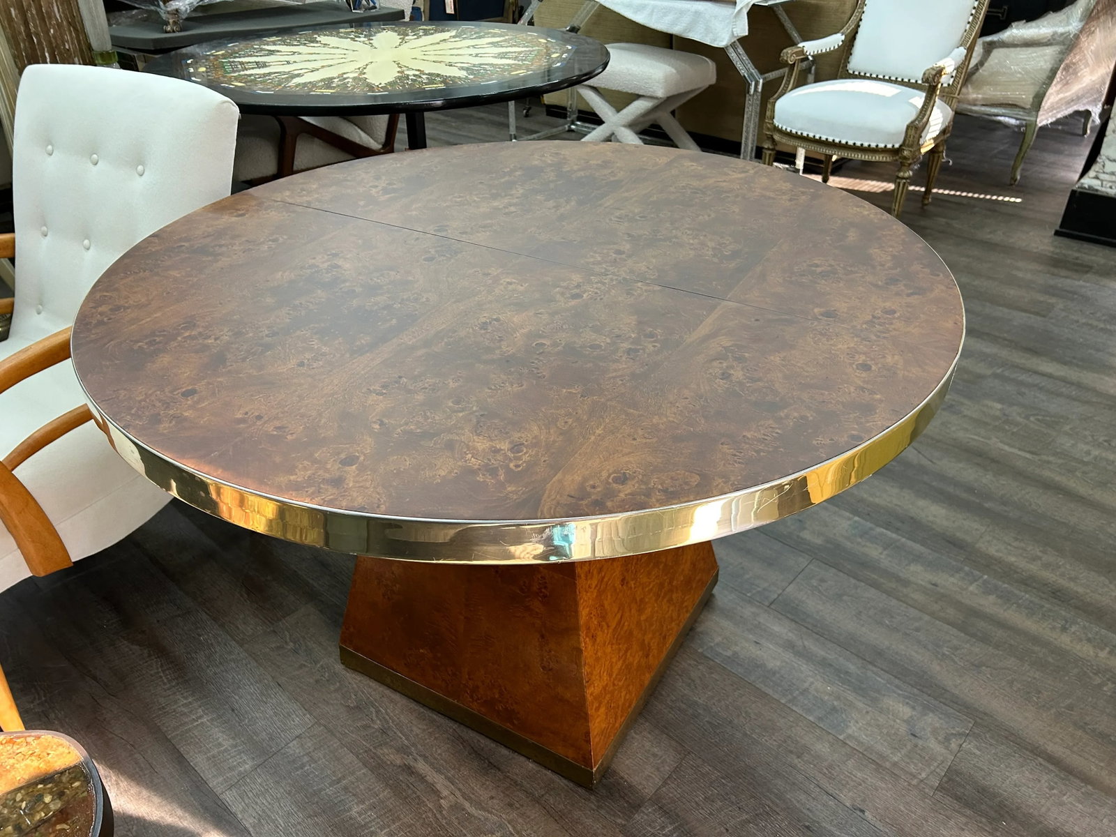1970s Signed Pierre Cardin Burled and Brass Table - 12