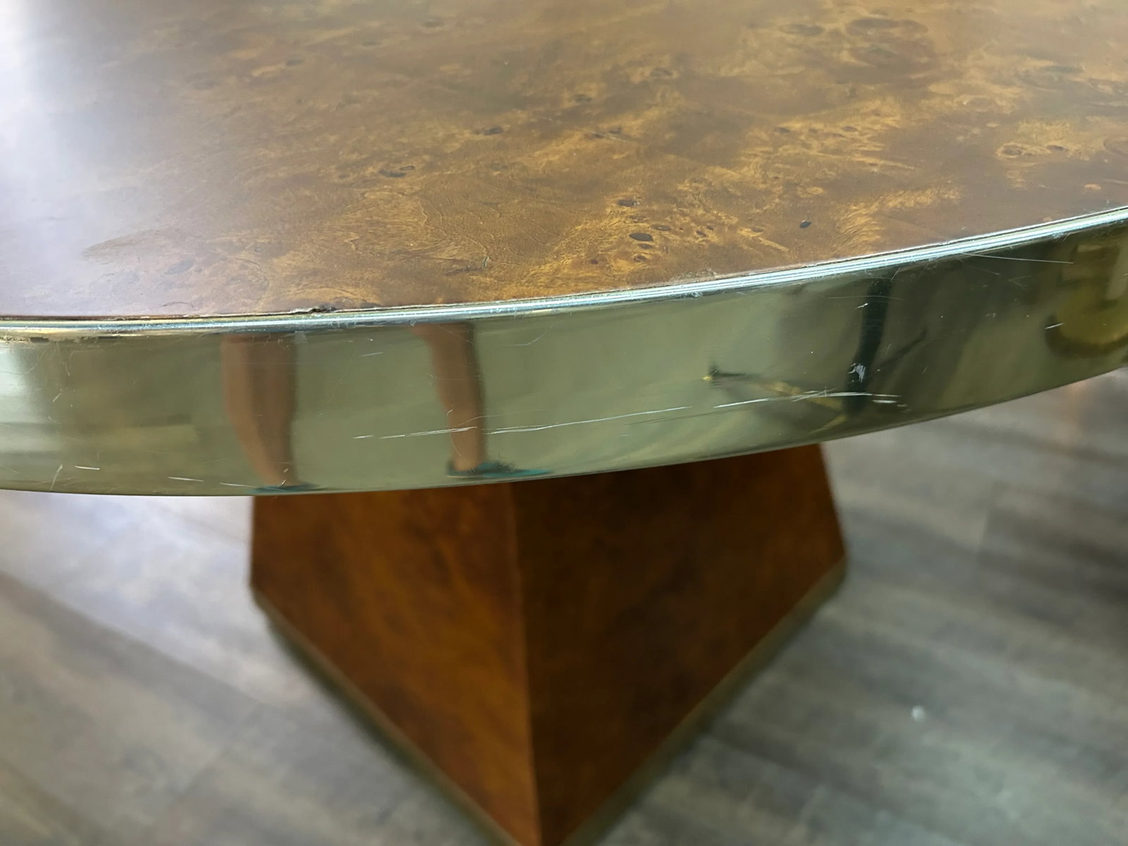 1970s Signed Pierre Cardin Burled and Brass Table - 8