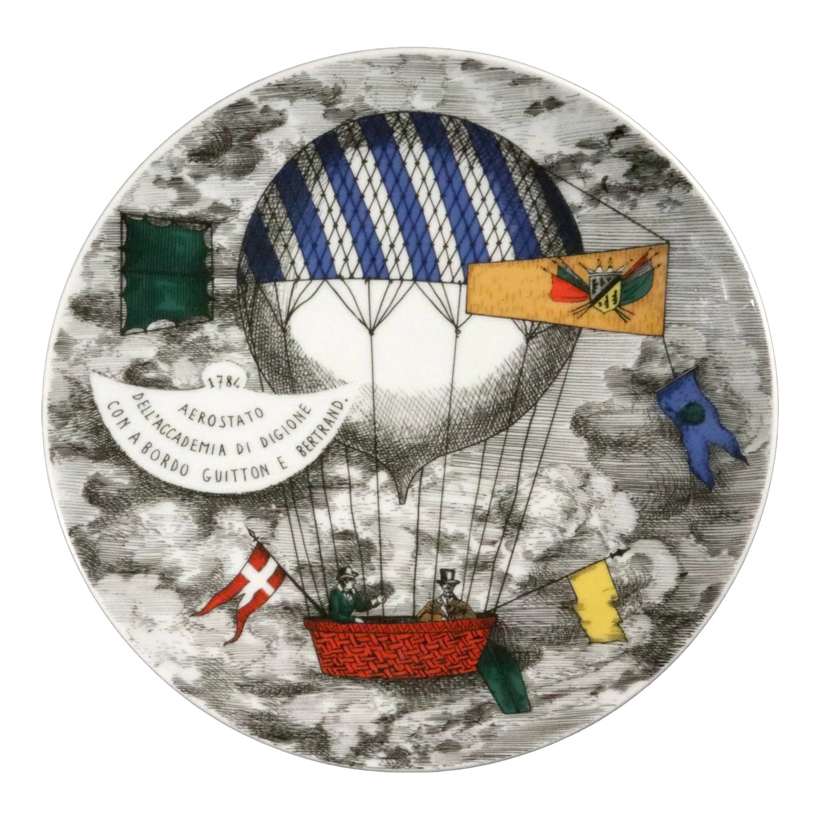 Flight of Fantasy: Piero Fornasetti "Mongolfiere" Hot Air Balloon Plate (Motiv 1): Flight of Fantasy: Piero Fornasetti "Mongolfiere" Hot Air Balloon Plate (Motiv 1) This captivating porcelain plate by Piero Fornasetti (1913–1988), produced by Rosenthal in the 1980s, features t