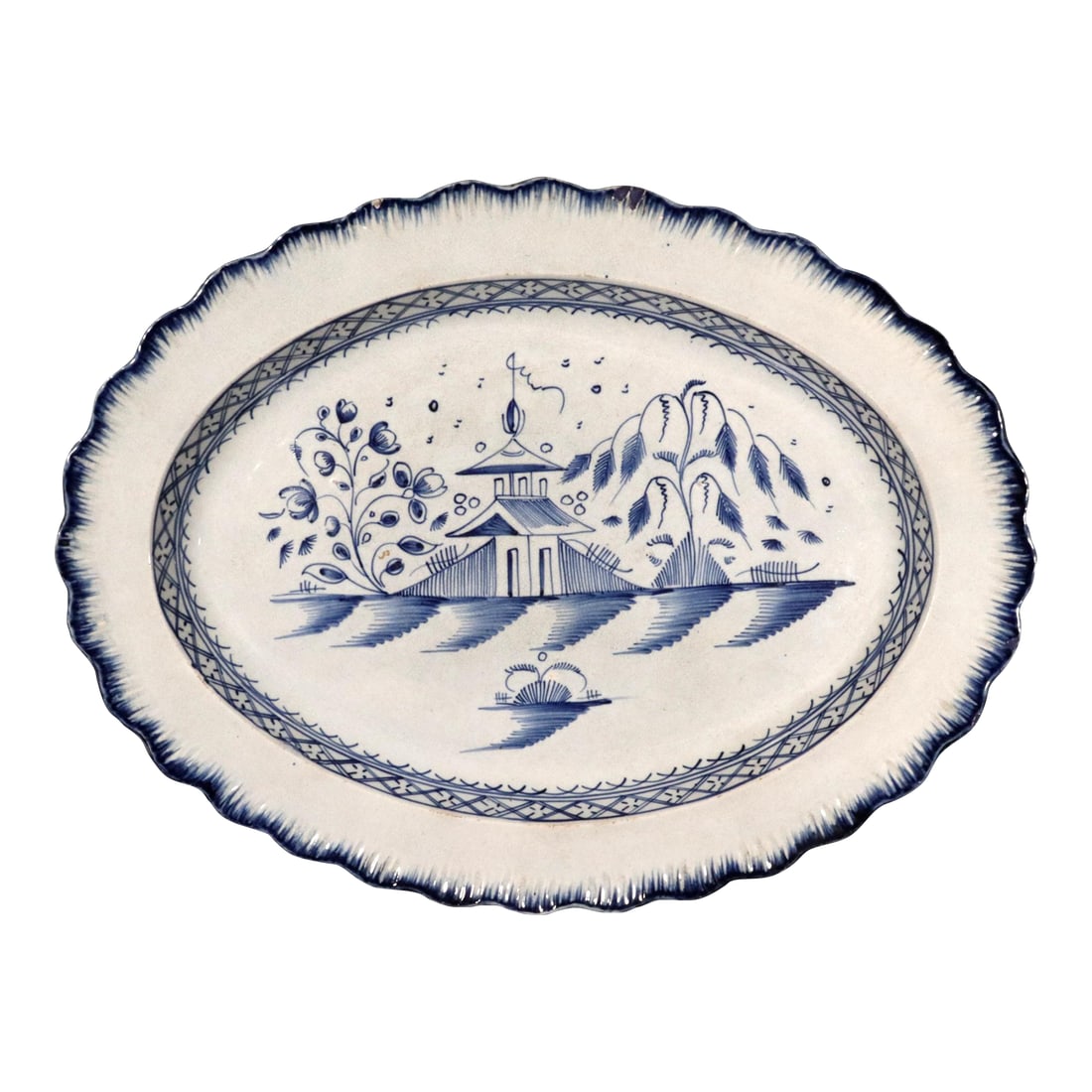 Pagoda Paradise: Rare English Pearlware Shell-Edged Dish in Blue Chinoiserie (1 of 6)