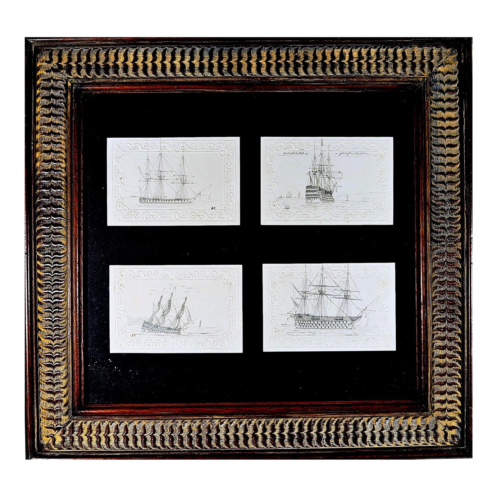 George Bryant Campion Royal Navy Ship Pencil Drawings, Framed Set of 4, C. 1830 (1 of 7)