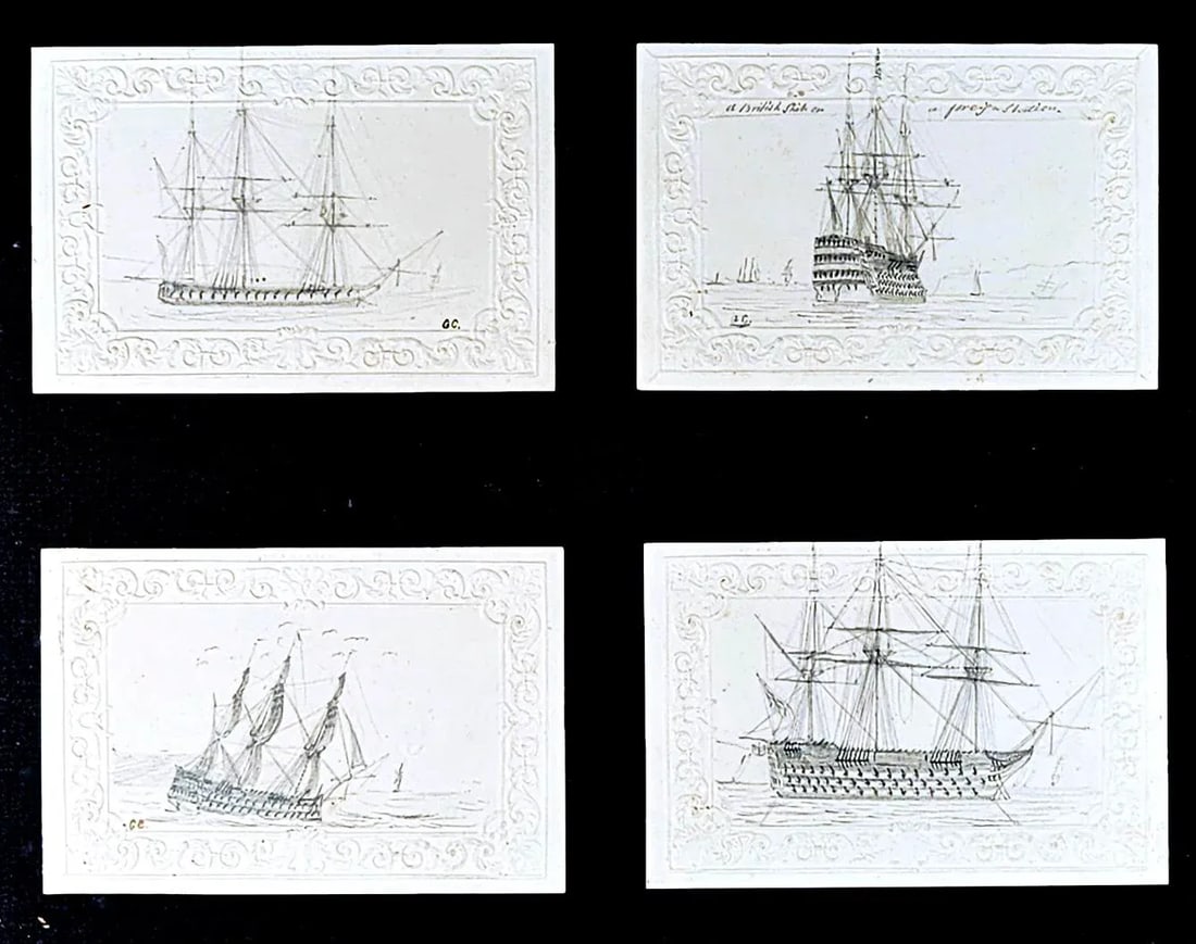 George Bryant Campion Royal Navy Ship Pencil Drawings, Framed Set of 4, C. 1830 - 5