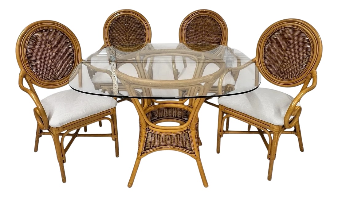 Rattan Glass Top Dining Table With 4 Balloon Back Chairs, New Sunbrella Fabric - Set of 5: Rattan square glass top dining table with 4 balloon back chairs. Seats are newly upholstered in Sunbrella parchment water resistant fabric. Set has normal signs of use such as scratches and marks. Gla